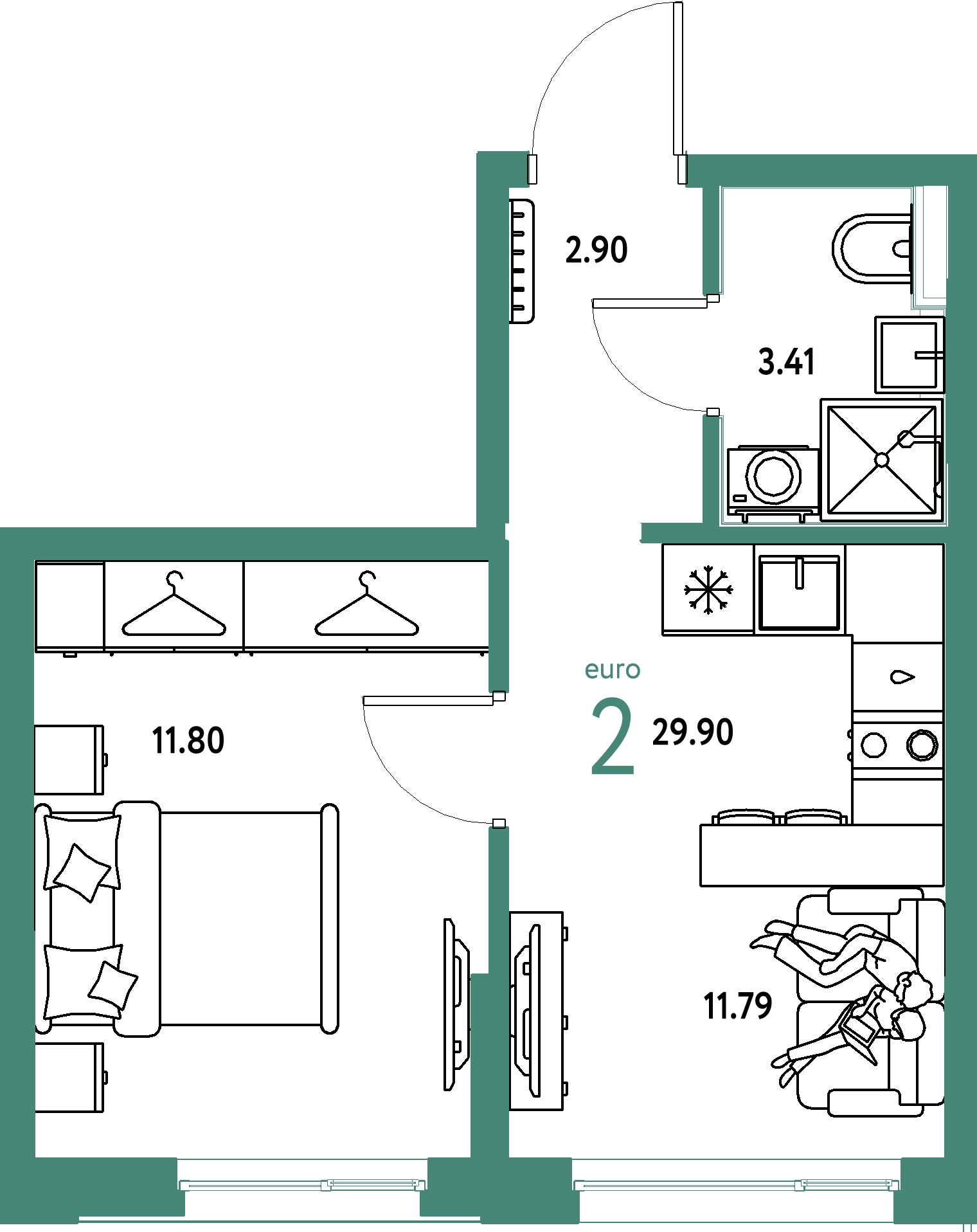 Планировка: Евродвушка 29,9 м² в ЖК «Страна.Прибрежная»