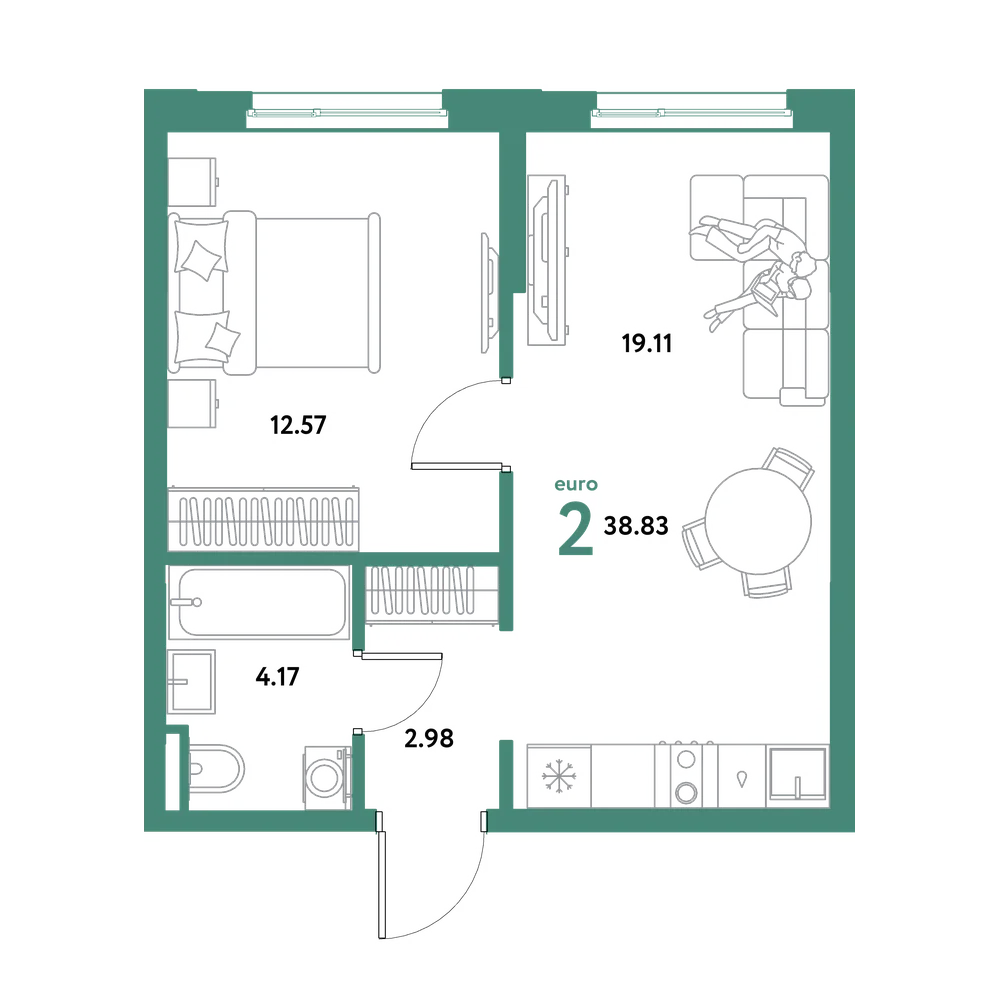 Планировка: Евродвушка 38,83 м²