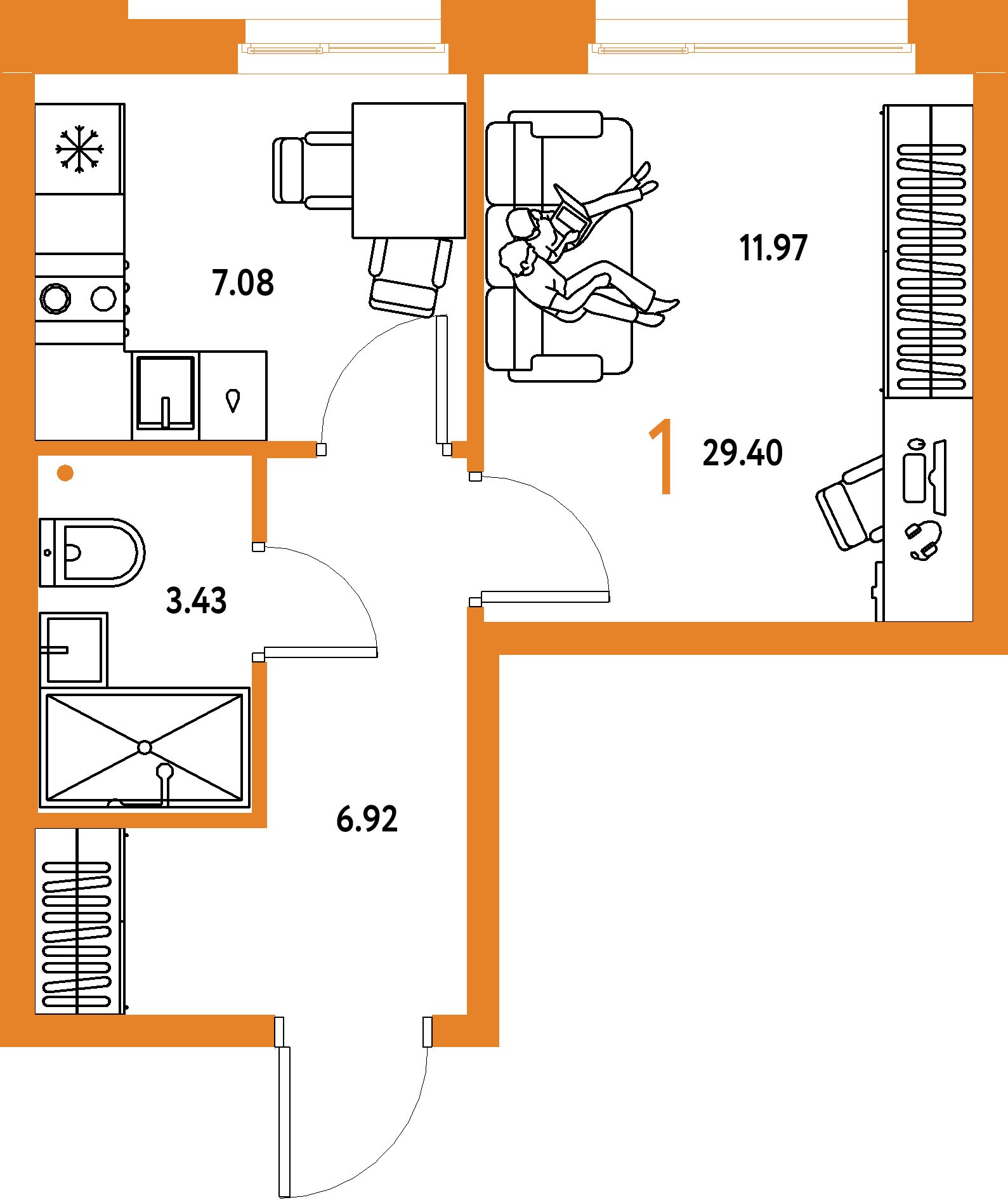 Планировка: 1-комнатная 29,4 м² в ЖК «Домашний»