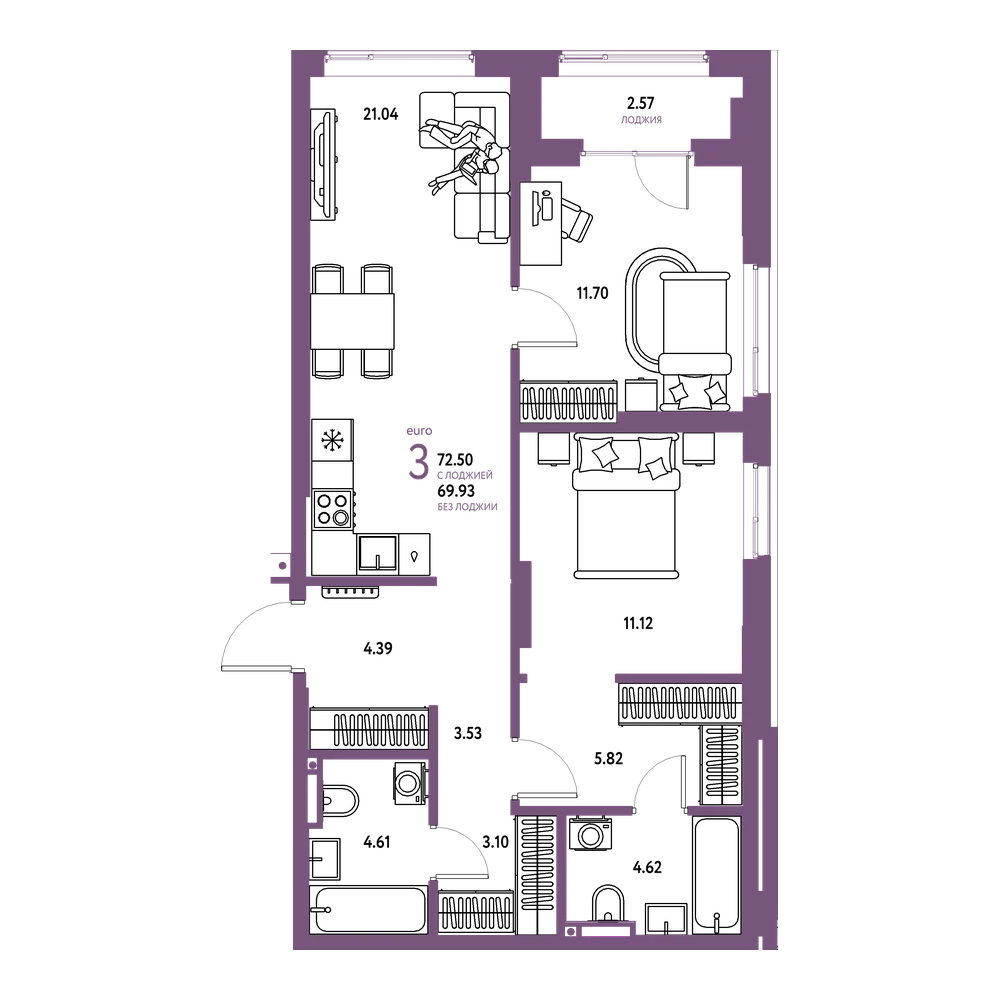 Планировка: Евротрёшка 72,5 м²