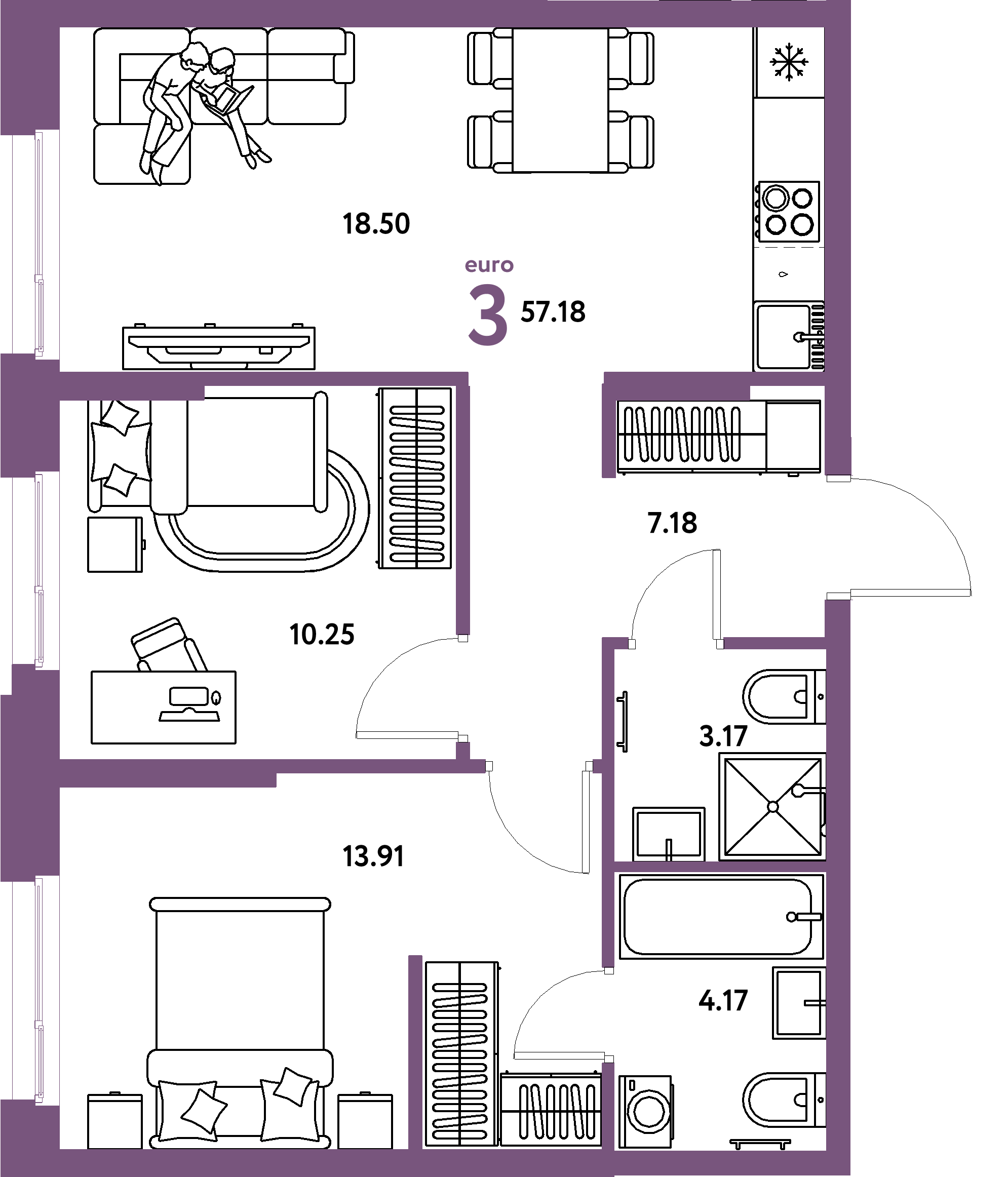 Планировка: Евротрёшка 57,18 м² в ЖК «Европейский берег 2.0»