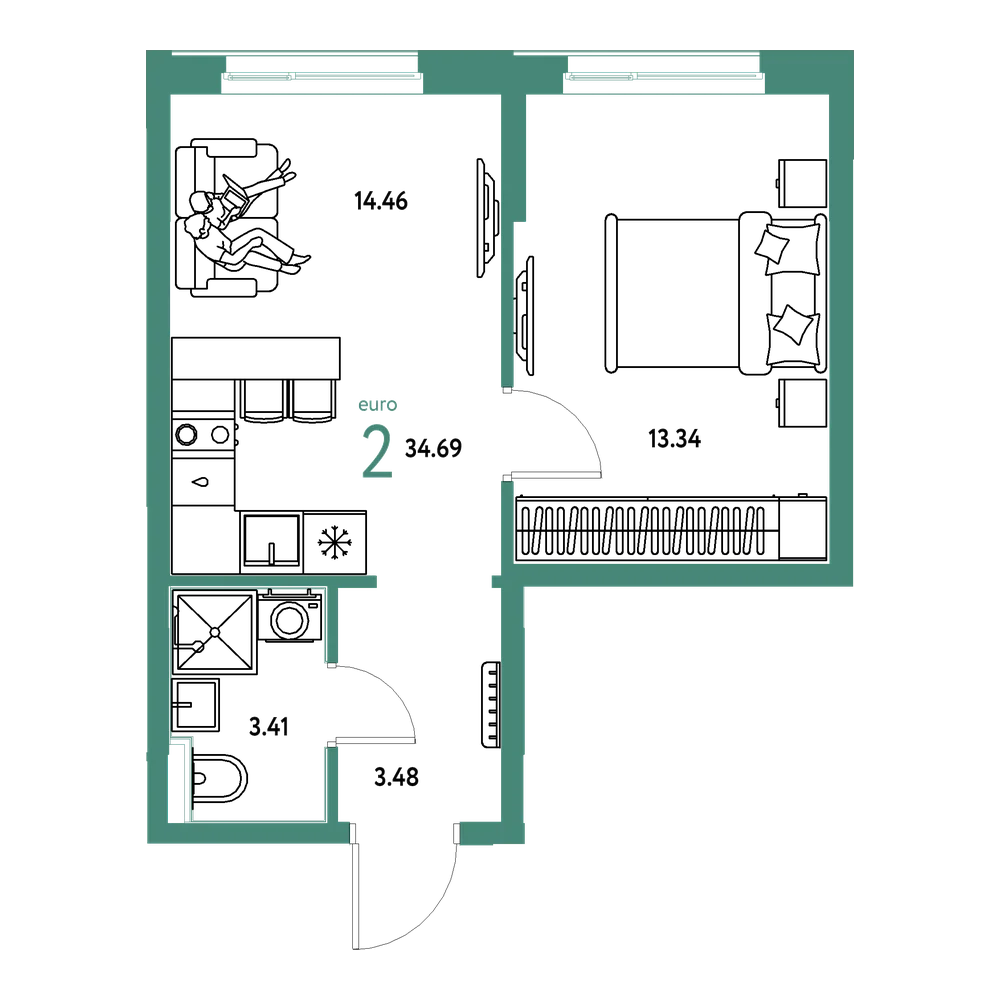 Планировка: Евродвушка 34,69 м²