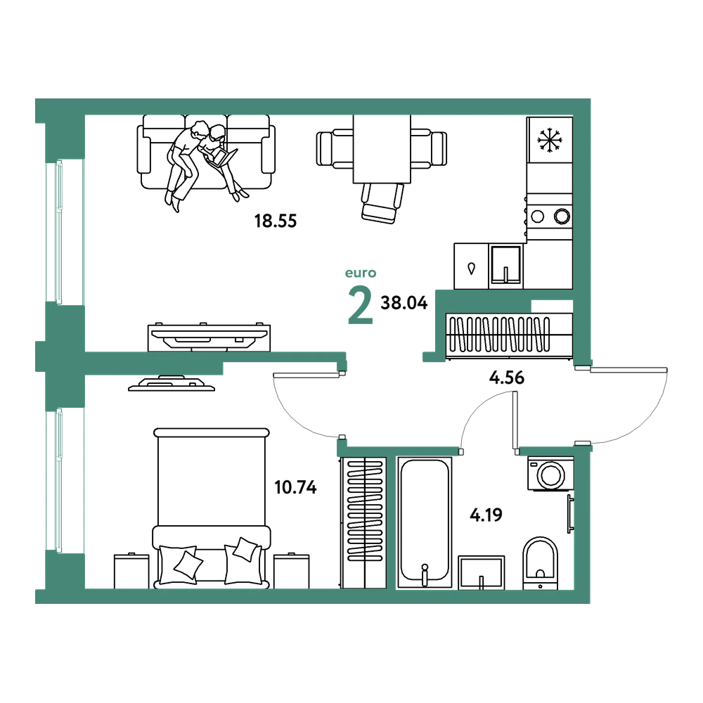 Планировка: Евродвушка 38,04 м²