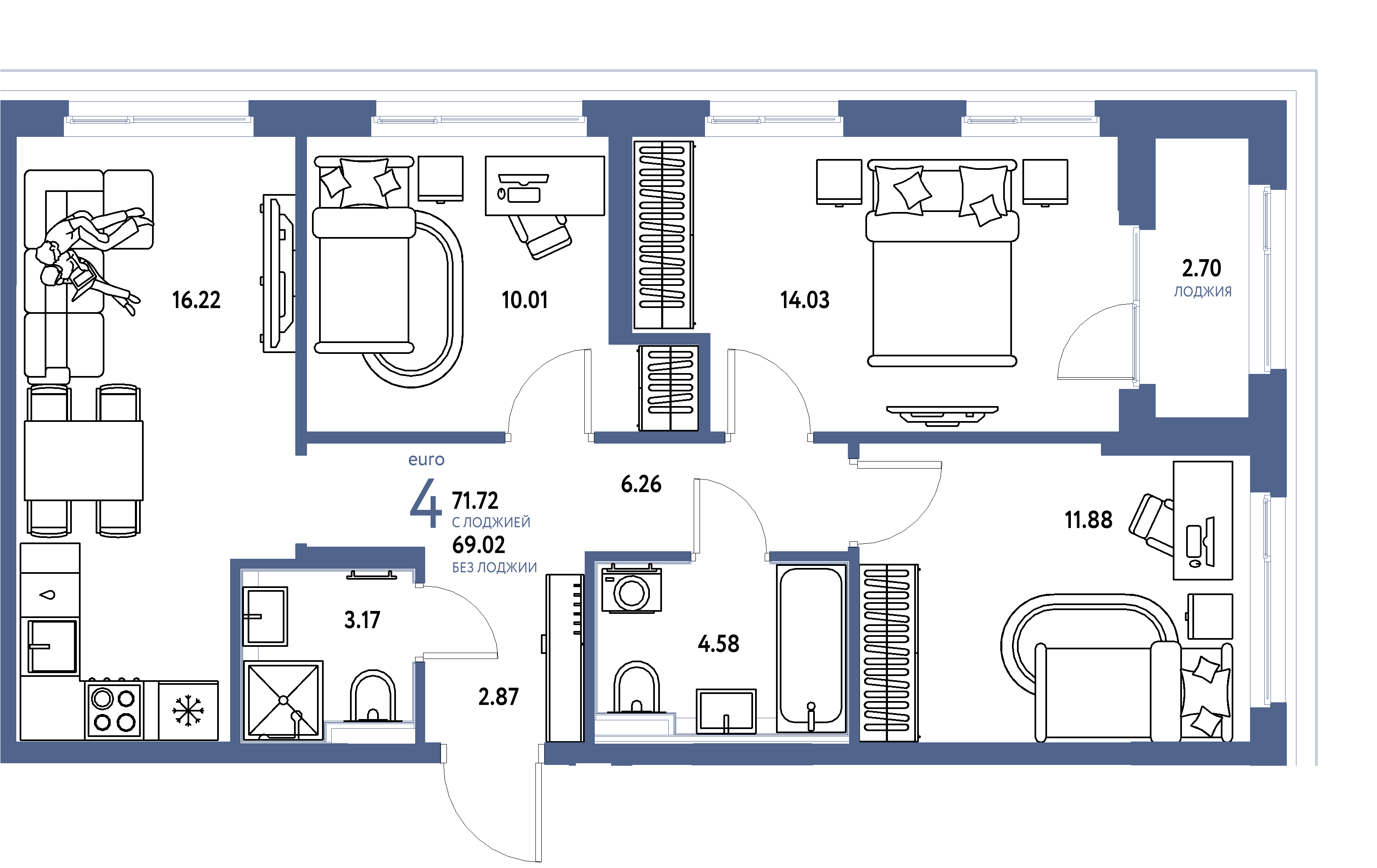 Планировка: Евро-4 71,72 м² в ЖК «Сердце Сибири»