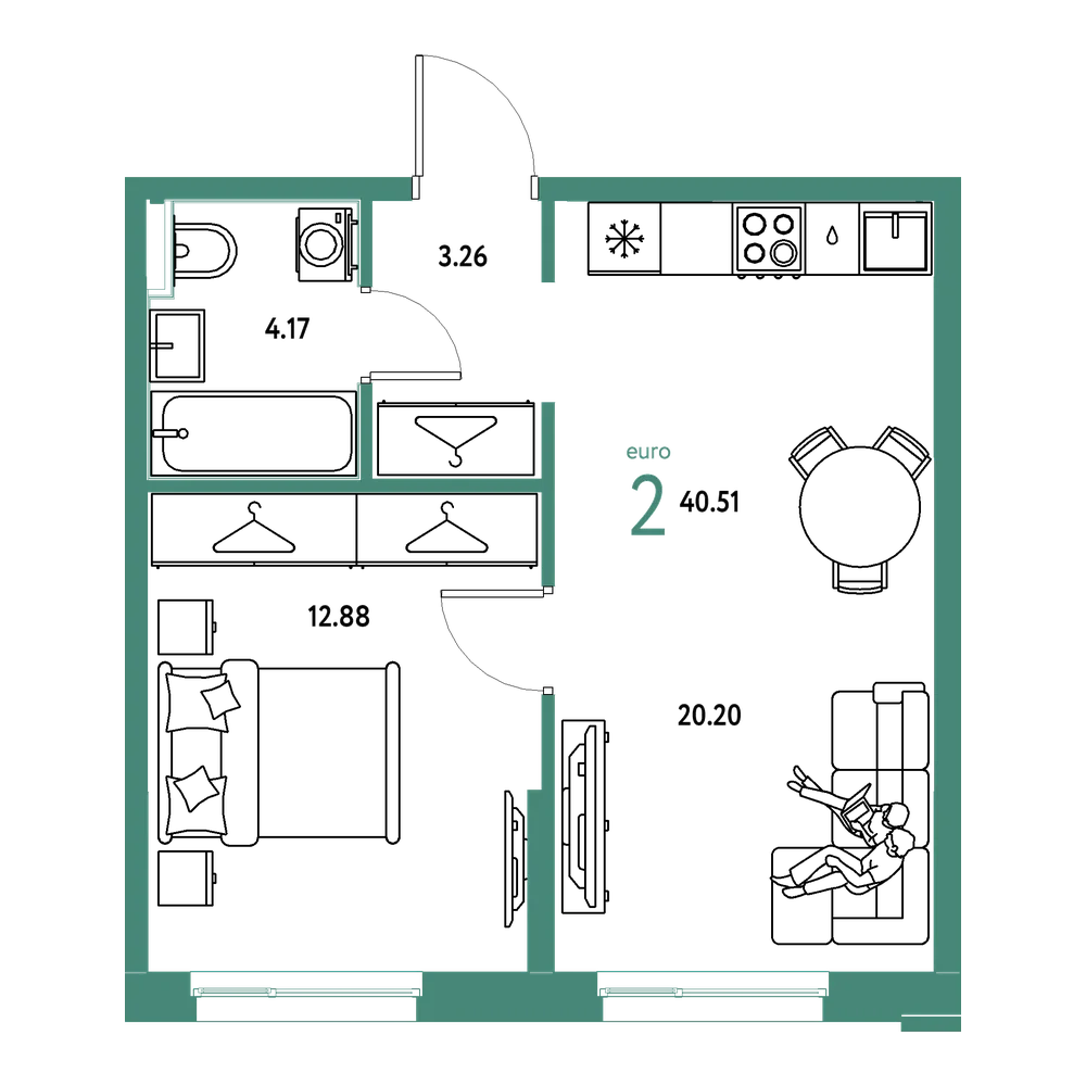Планировка: Евродвушка 40,51 м²