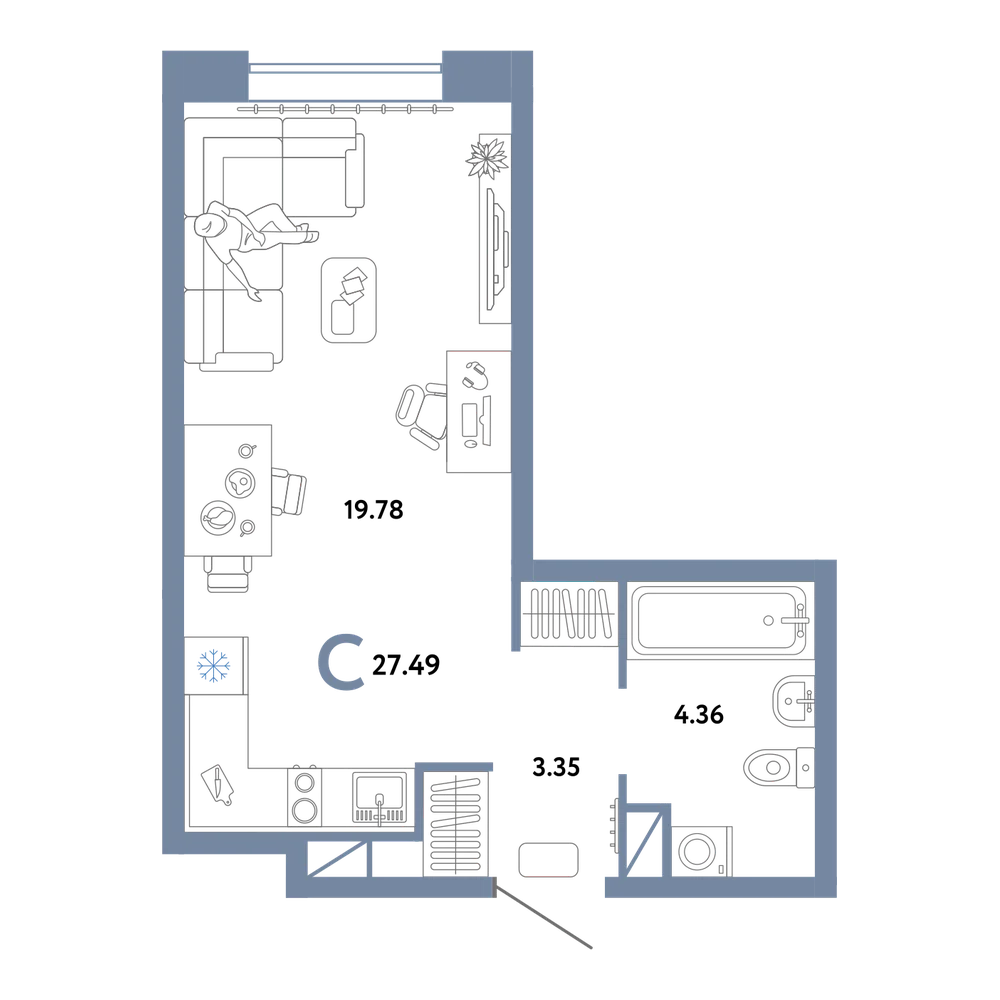 Планировка: Студия 27,49 м²