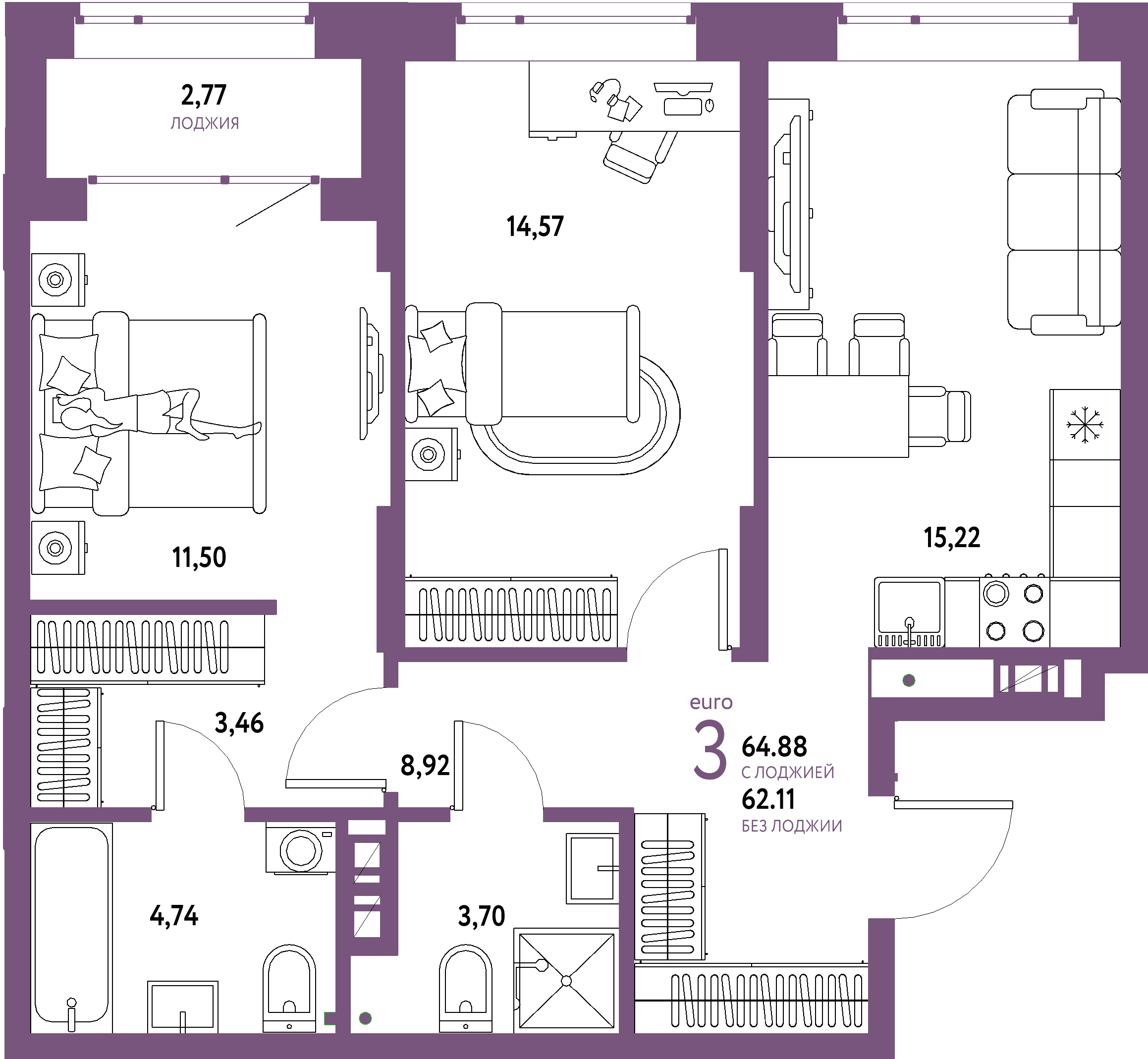Планировка: Евротрёшка 64,88 м² в ЖК «Авторский»