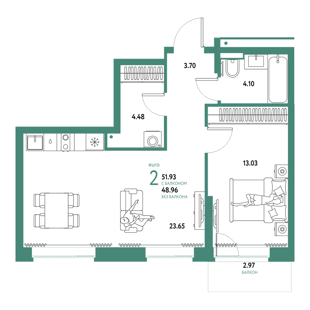 Планировка: Евродвушка 51,93 м²
