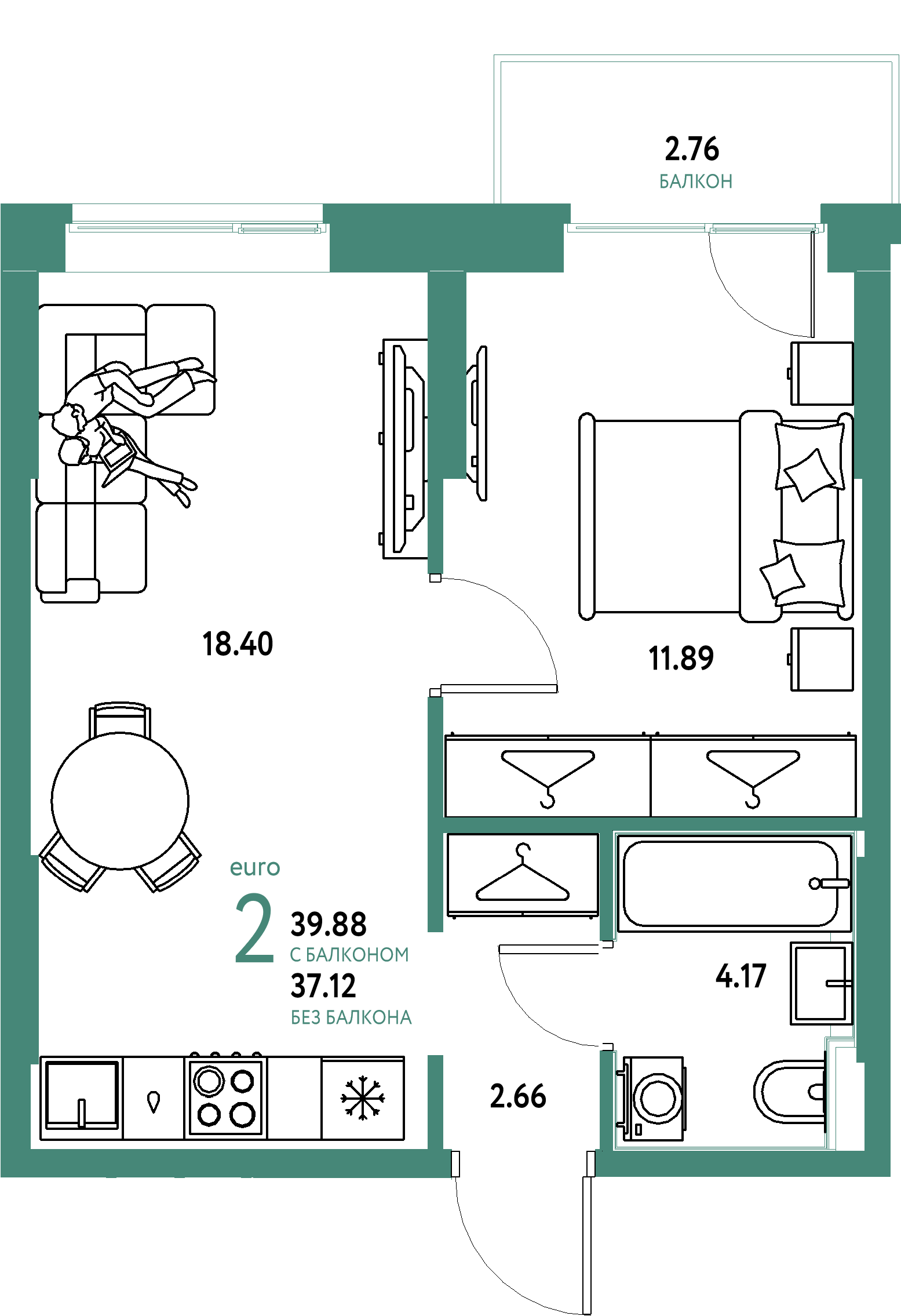 Планировка: Евродвушка 39,88 м² в ЖК «Европейский берег 2.0»