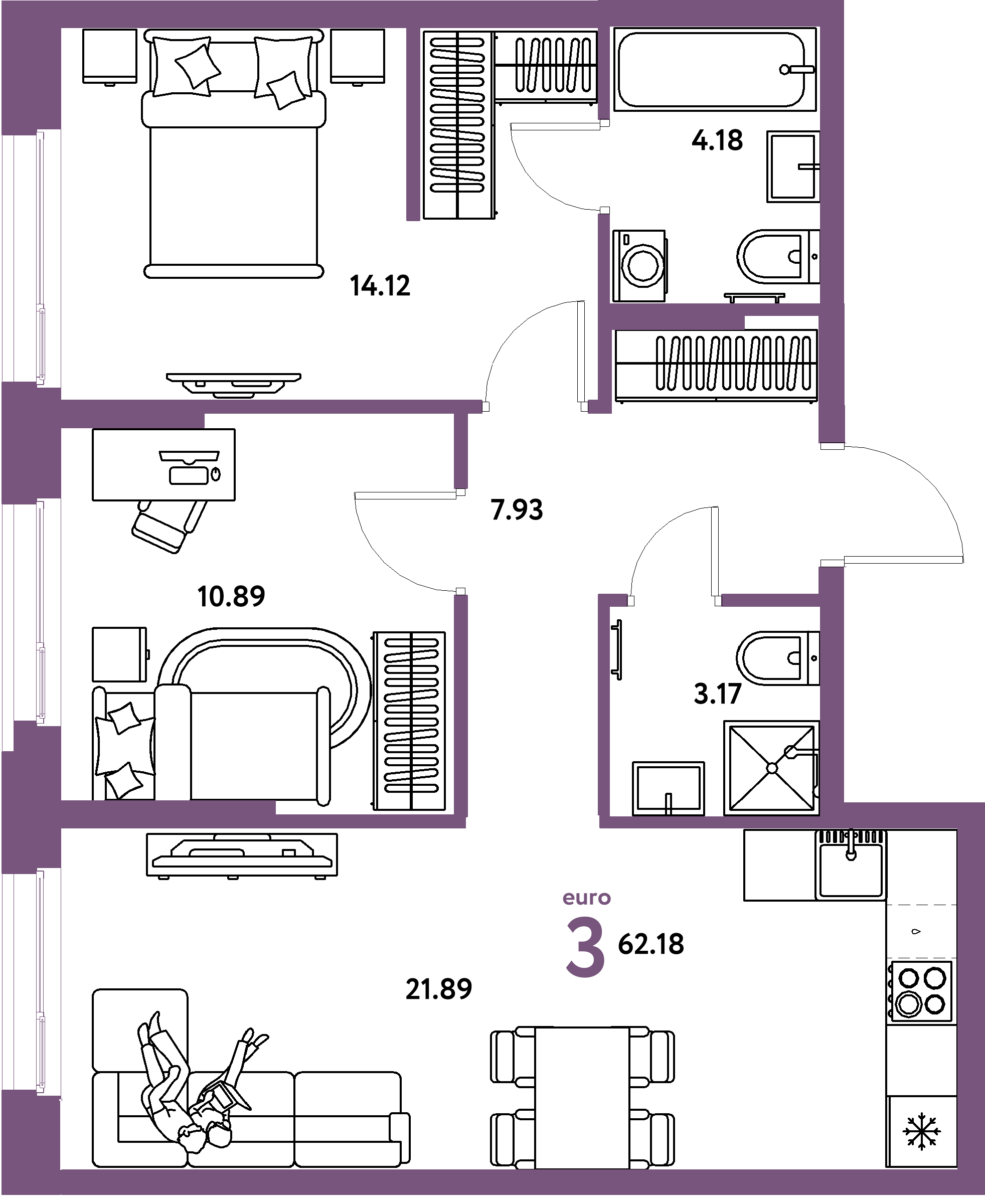 Планировка: Евротрёшка 62,18 м² в ЖК «Европейский берег 2.0»