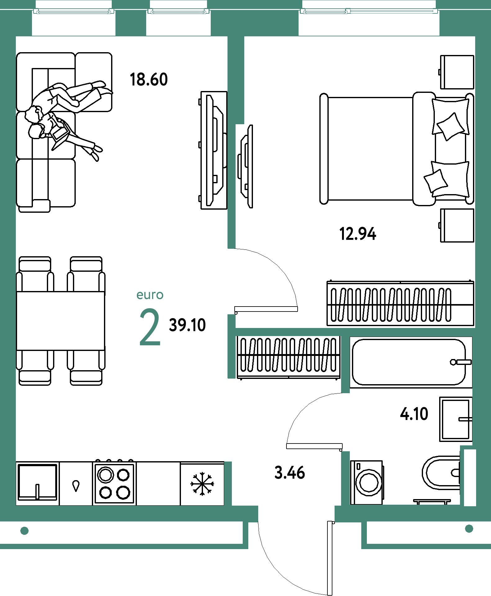 Планировка: Евродвушка 39,1 м² в ЖК «Домашний»
