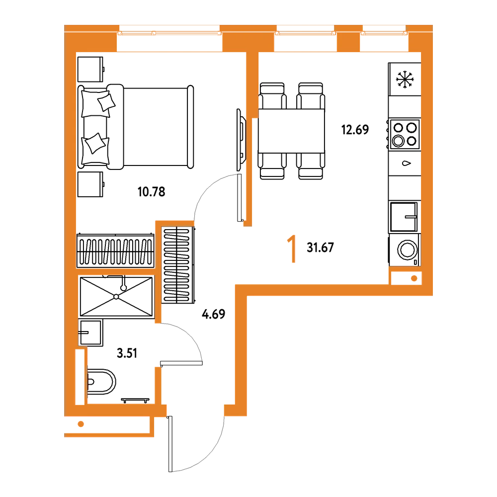 Планировка: 1-комнатная 31,67 м²