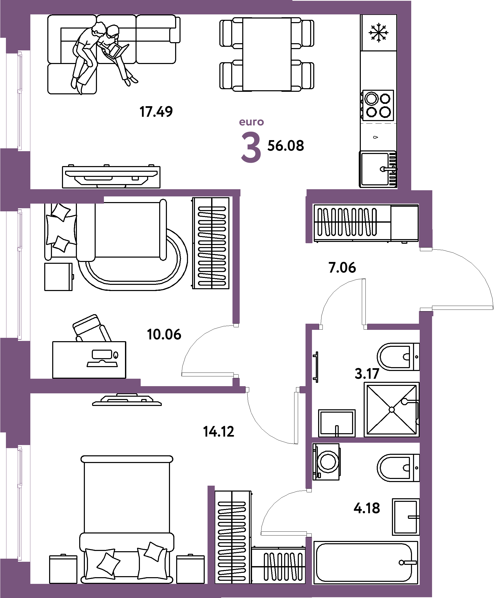 Планировка: Евротрёшка 56,08 м² в ЖК «Европейский берег 2.0»