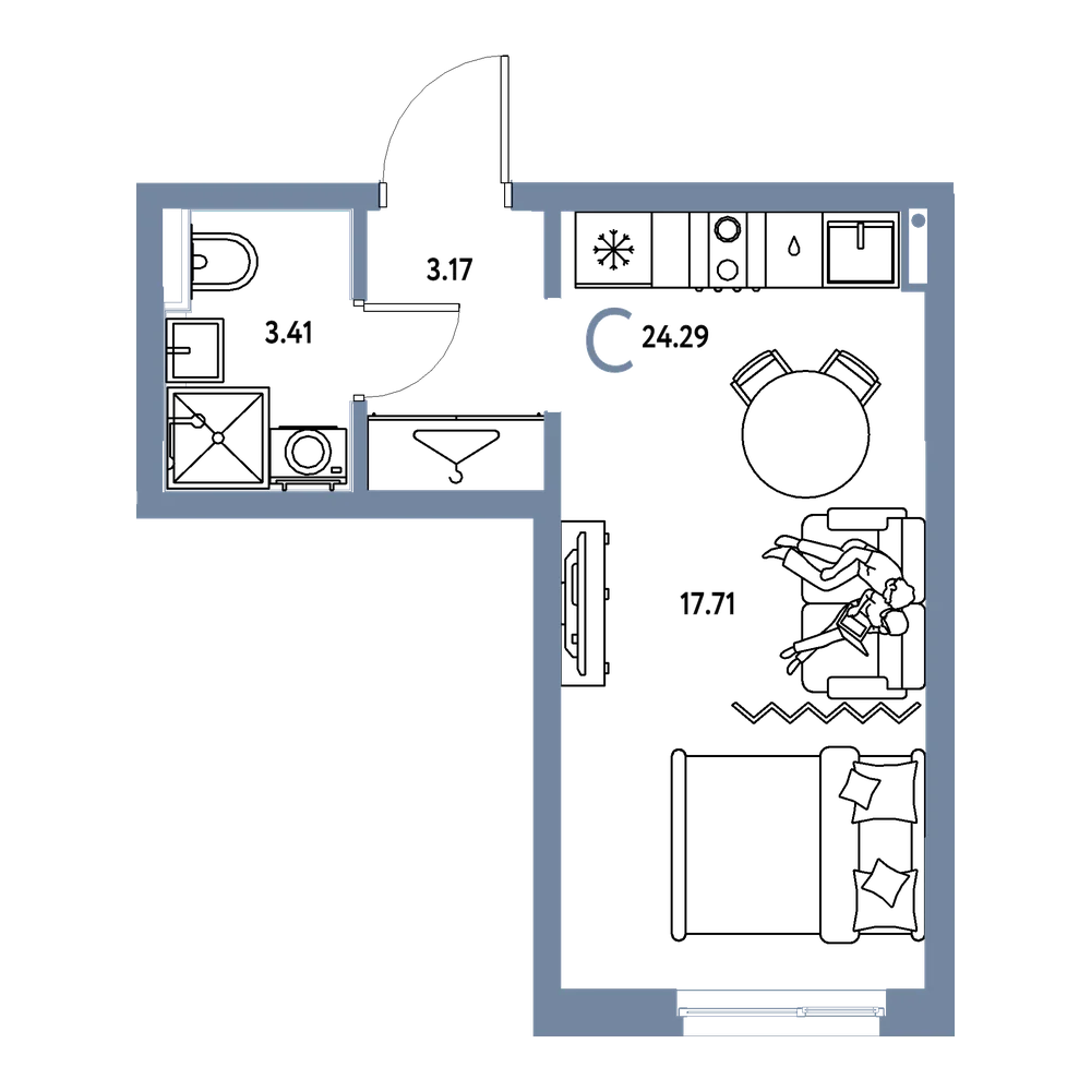 Планировка: Студия 24,29 м²