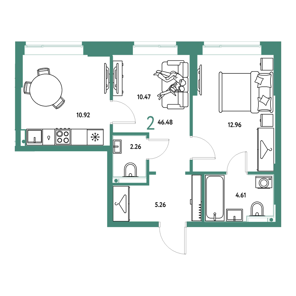 Планировка: 2-комнатная 46,48 м²
