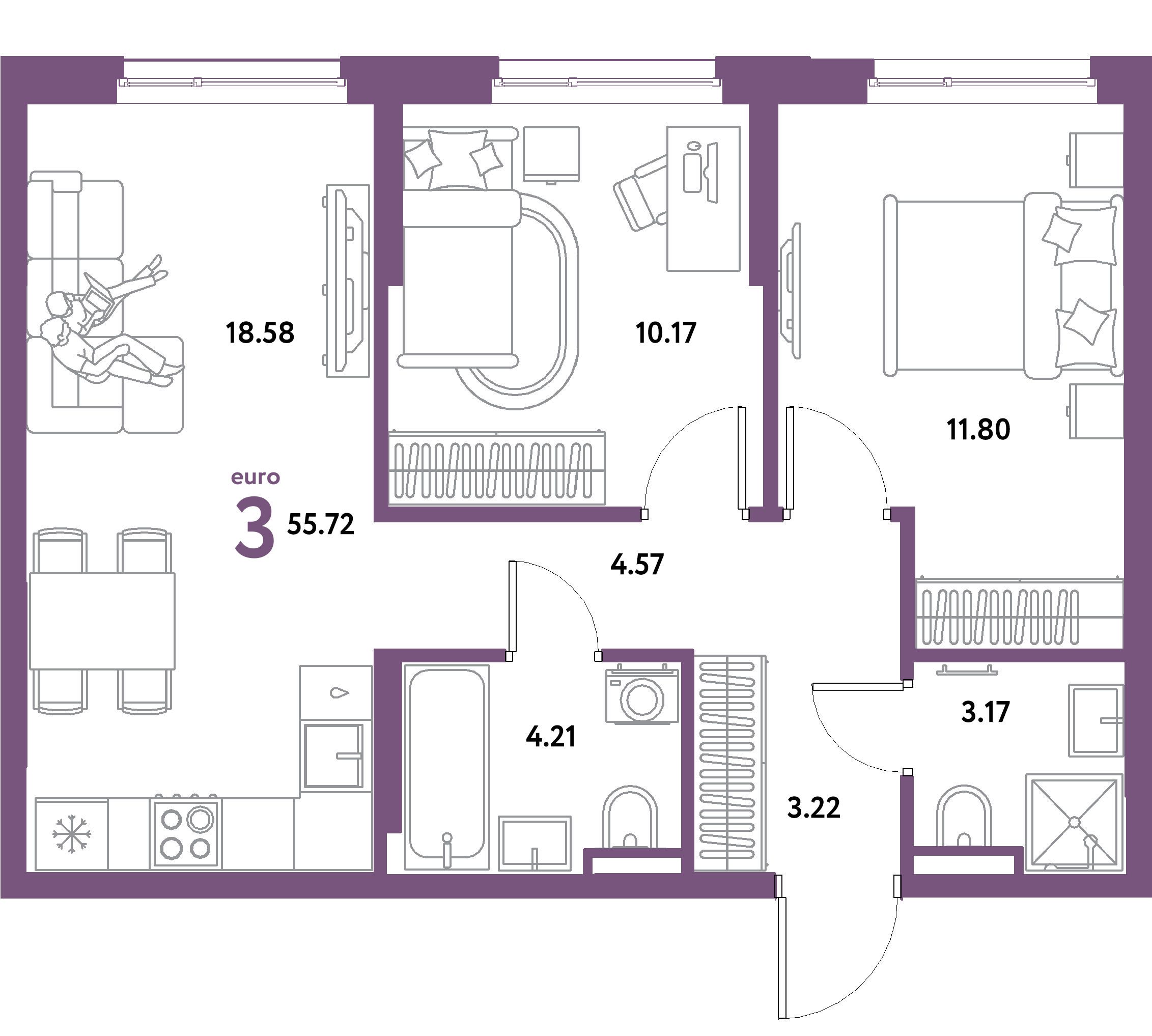 Планировка: Евротрёшка 55,72 м² в ЖК «Остров-сад»