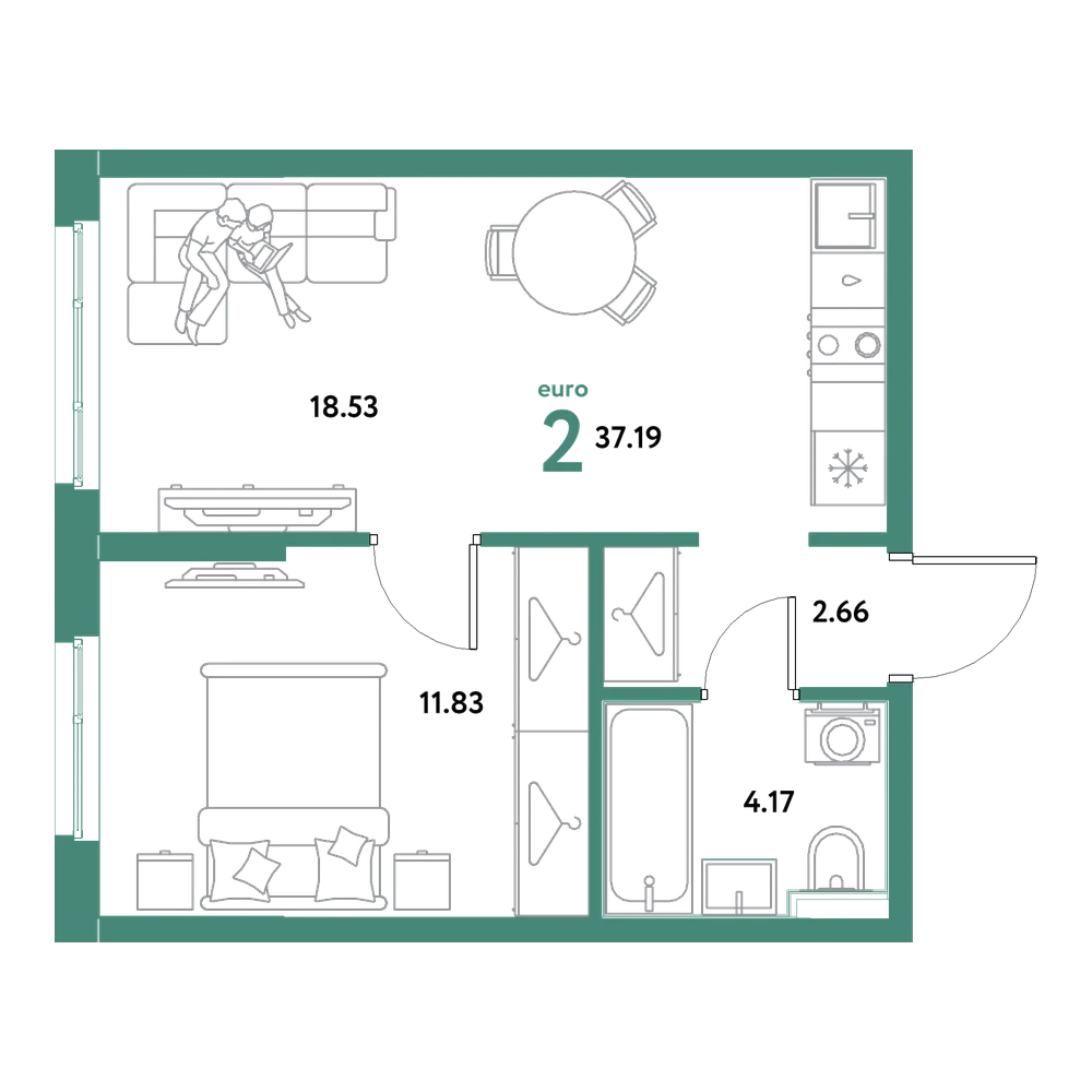 Планировка: Евродвушка 37,19 м²