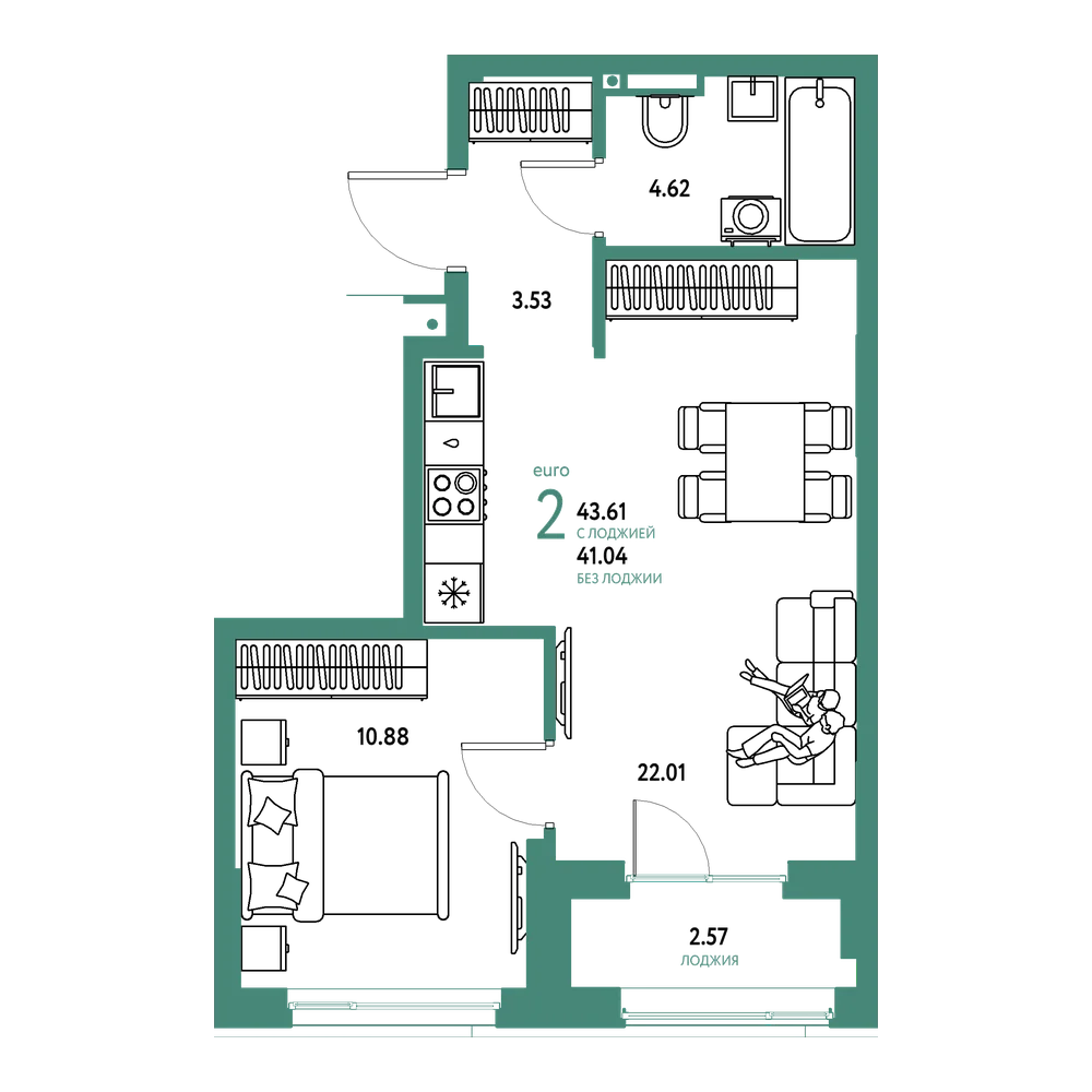 Планировка: Евродвушка 43,61 м²