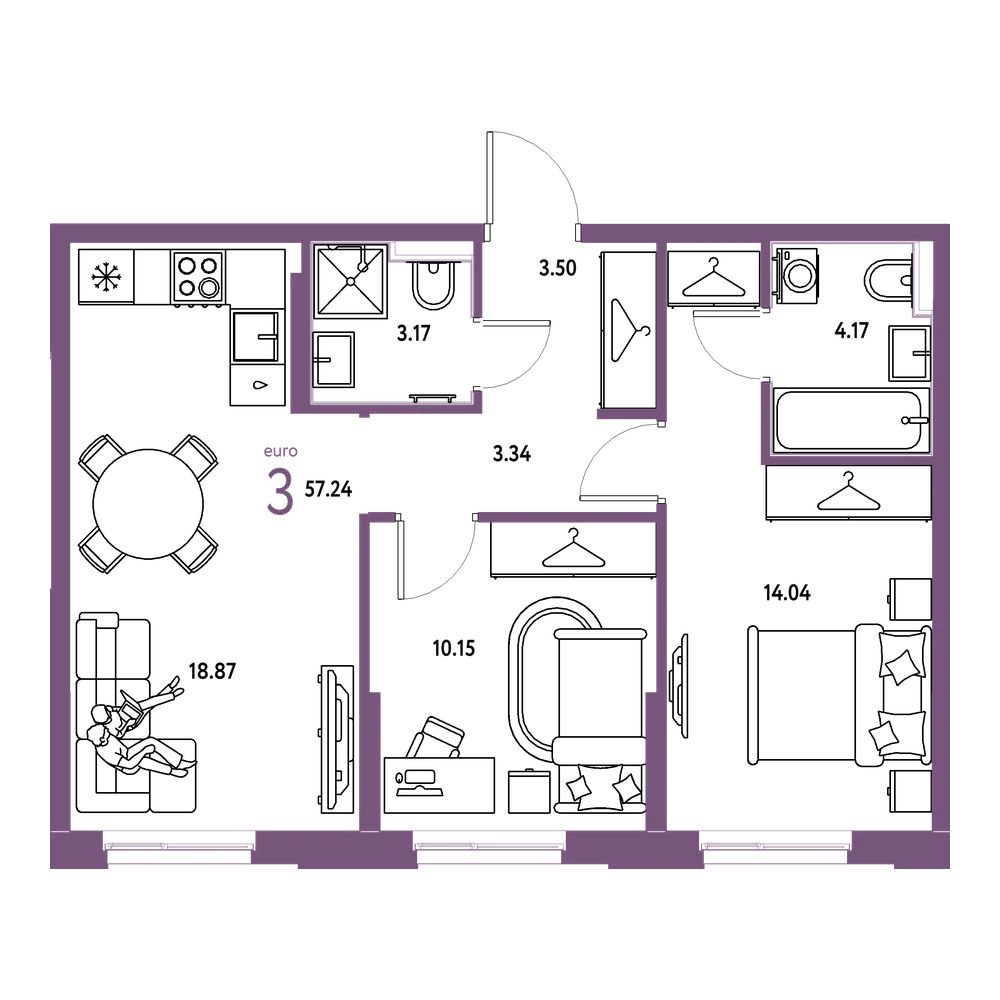 Планировка: Евротрёшка 57,24 м²