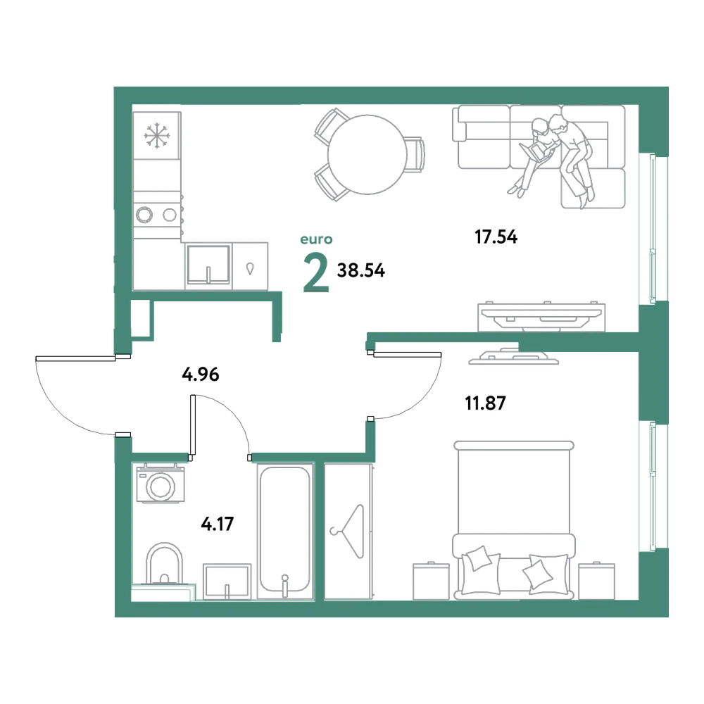 Планировка: Евродвушка 38,54 м²