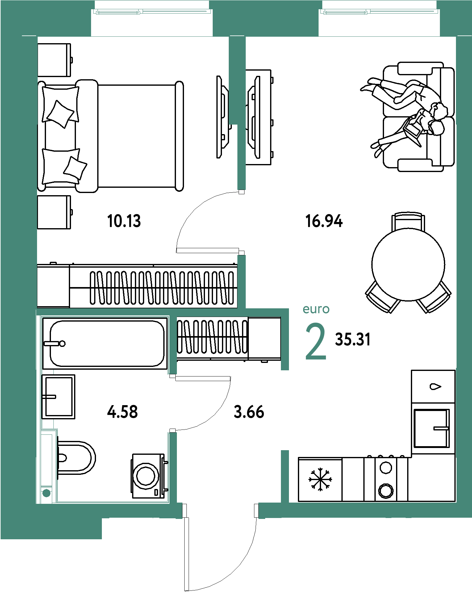 Планировка: Евродвушка 35,31 м² в ЖК «Домашний»