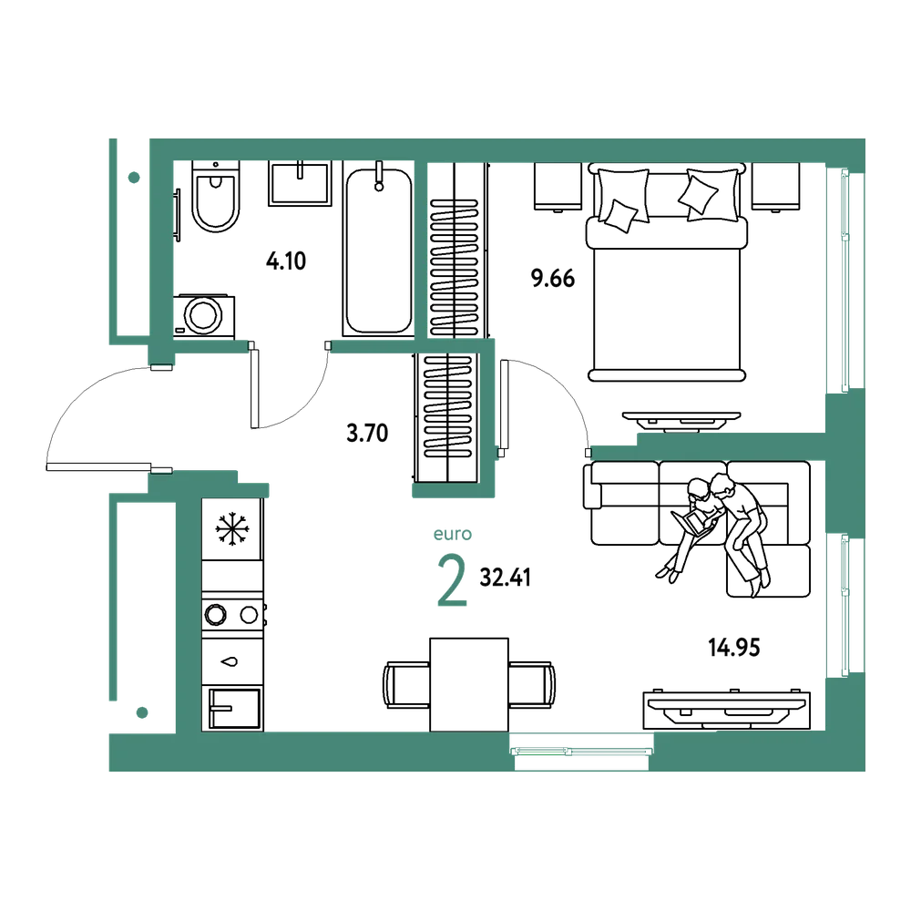 Планировка: Евродвушка 32,41 м²