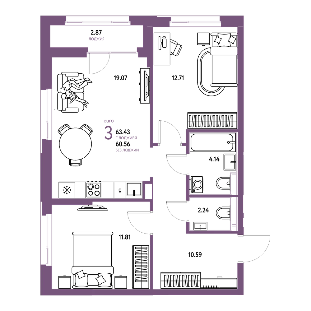 Планировка: Евротрёшка 64,14 м²