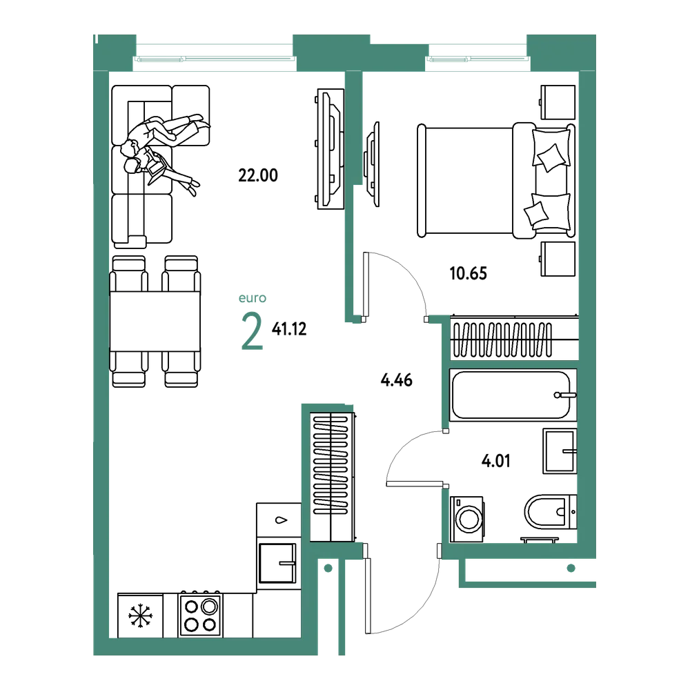 Планировка: Евродвушка 41,12 м²