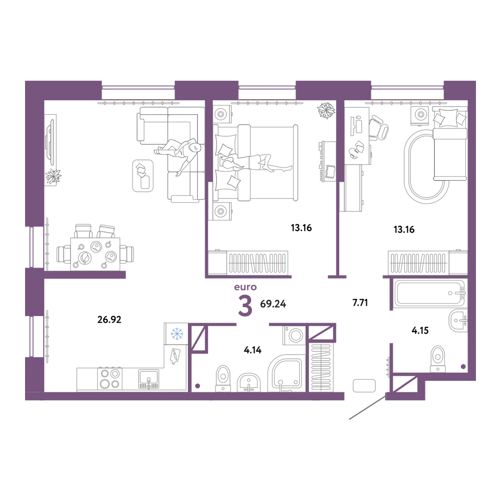 Планировка: Евротрёшка 69,24 м²