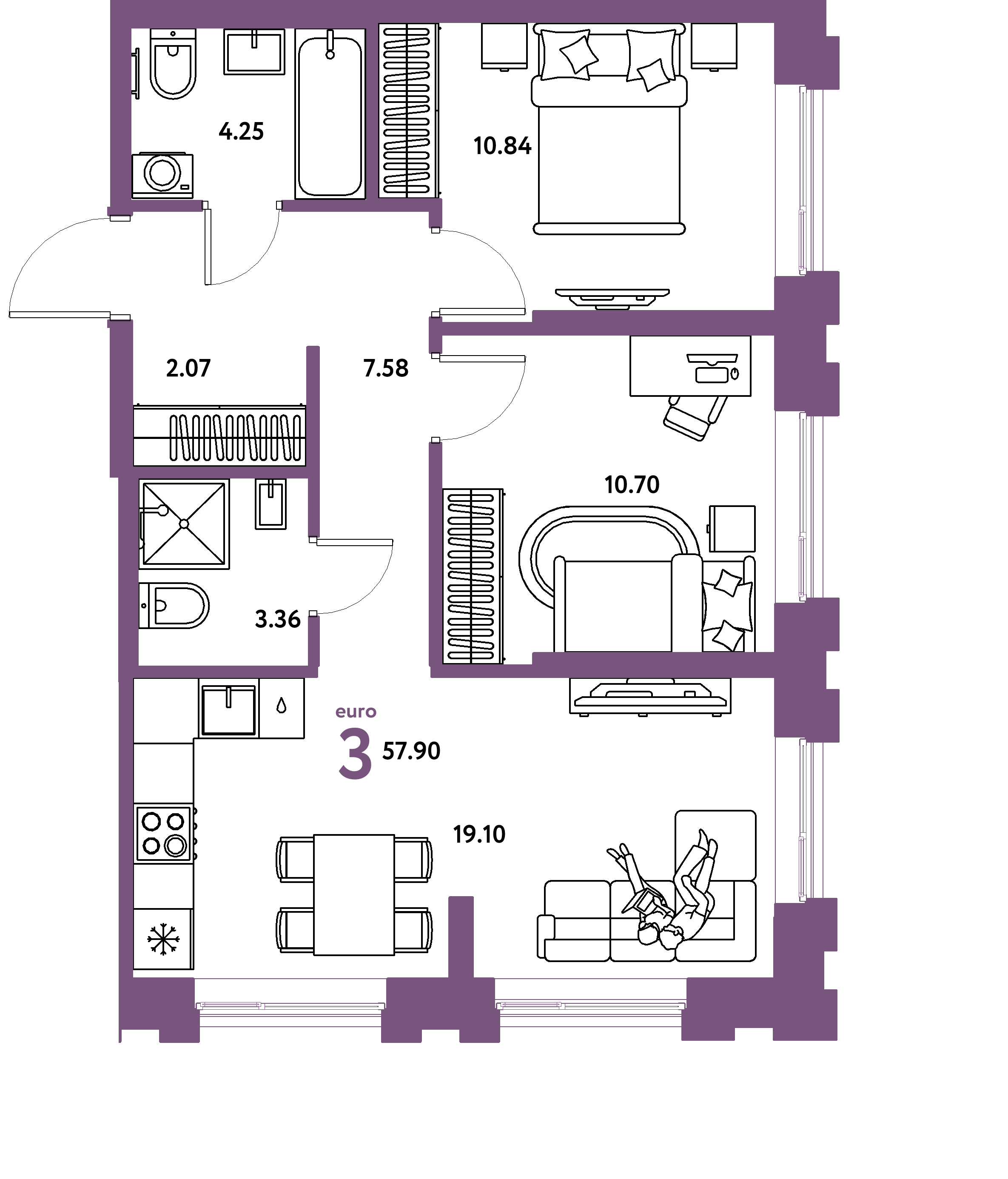 Планировка: Евротрёшка 57,9 м² в ЖК «Европейский берег 2.0»