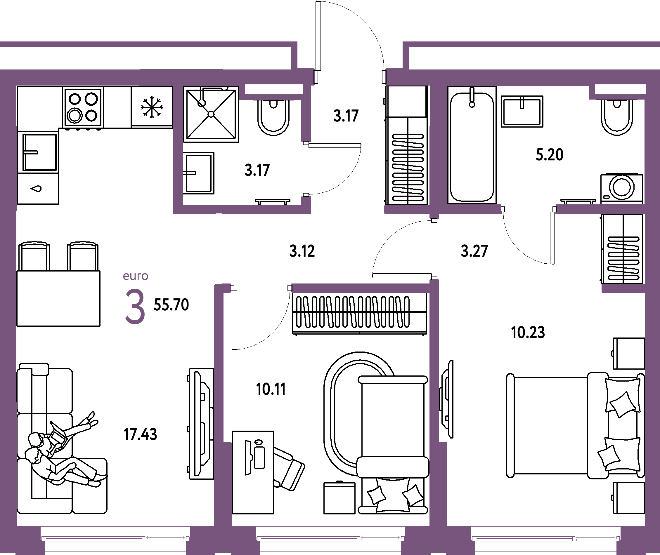 Планировка: Евротрёшка 55,7 м² в ЖК «Страна.Прибрежная»