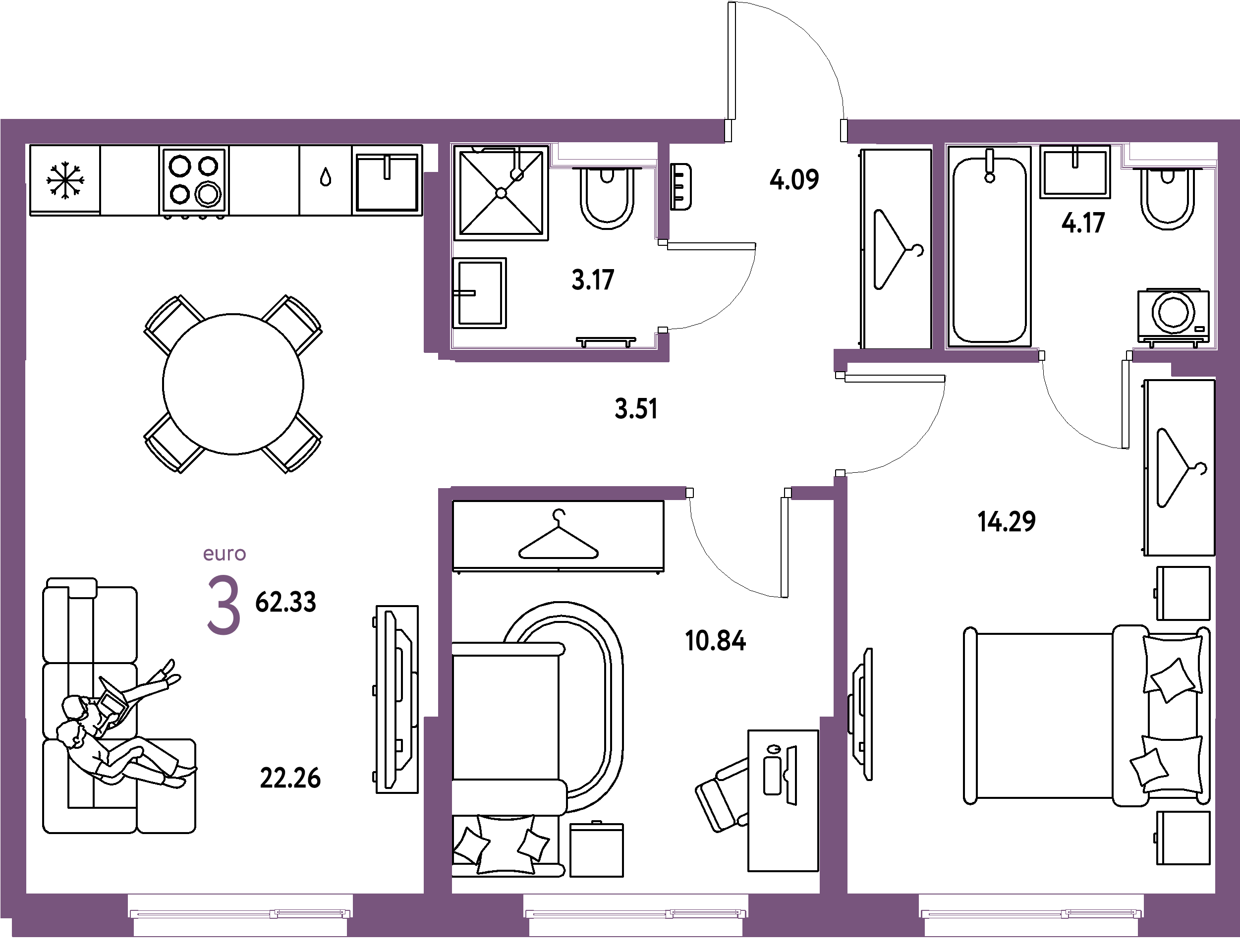 Планировка: Евротрёшка 62,33 м² в ЖК «Европейский берег 2.0»
