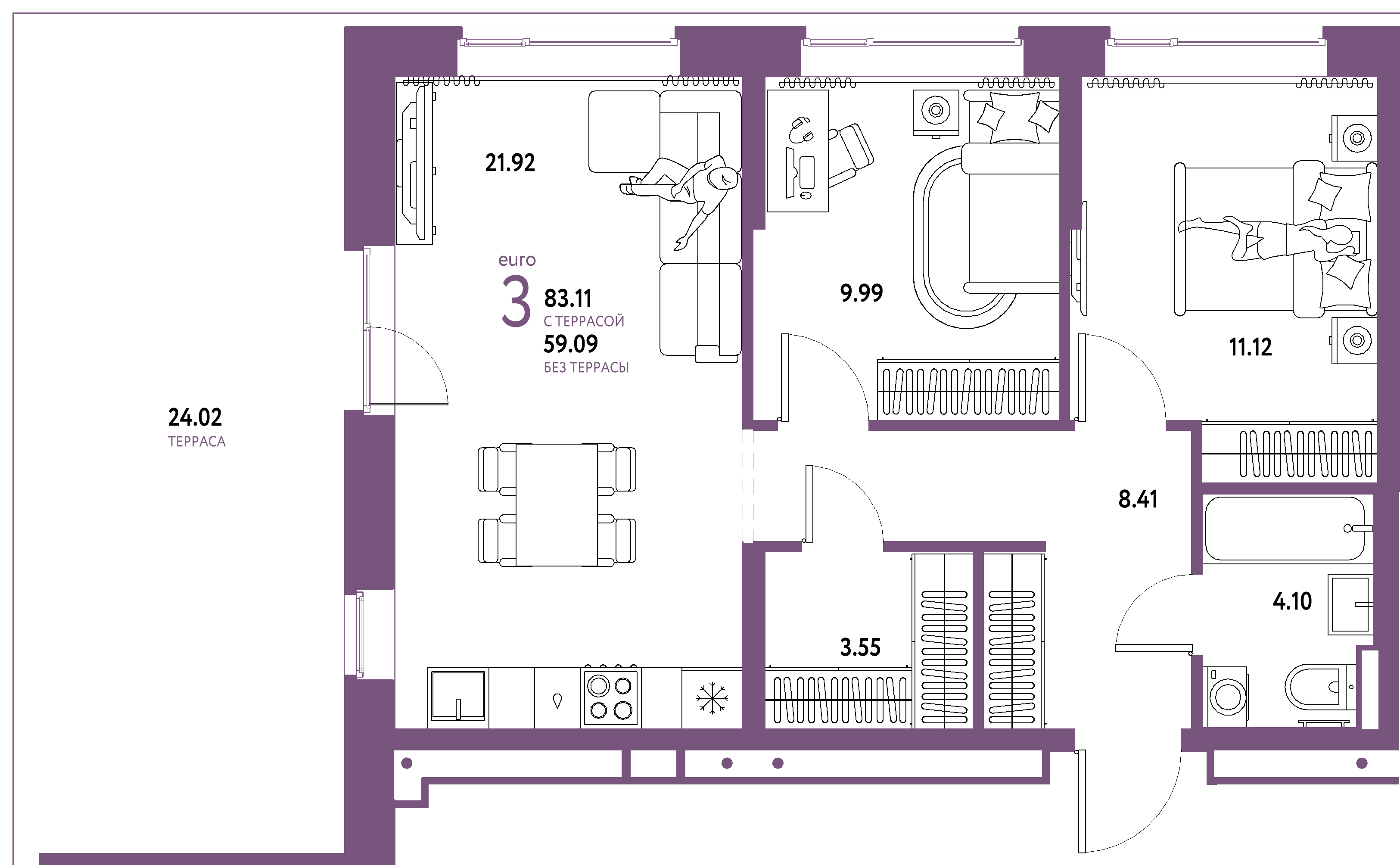 Планировка: Евротрёшка 83,11 м² в ЖК «Домашний»