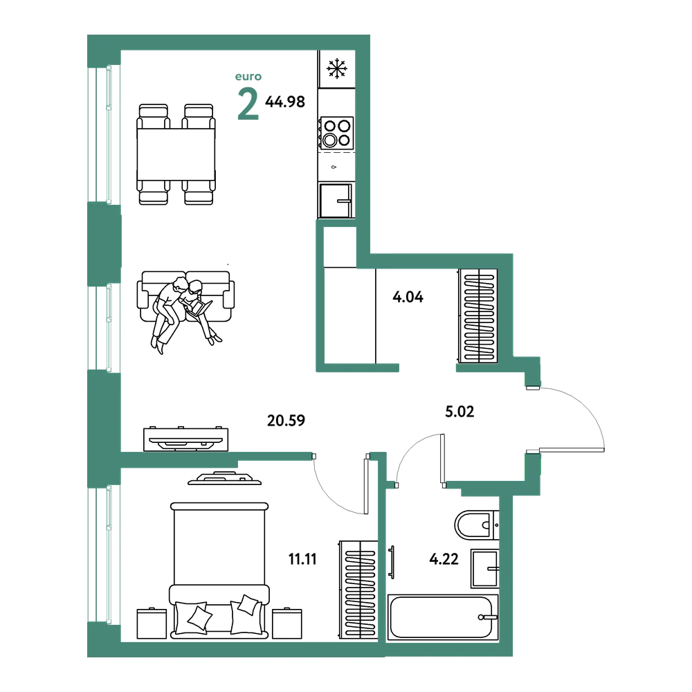 Планировка: Евродвушка 44,98 м²