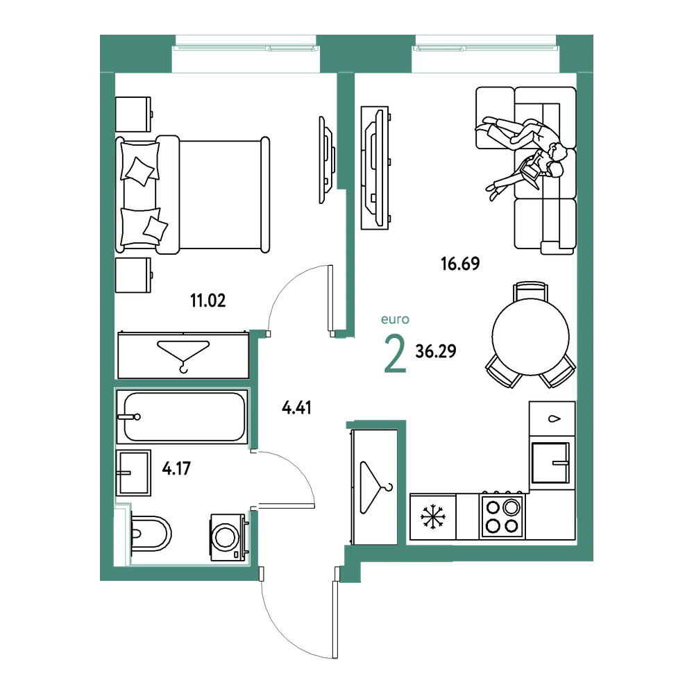 Планировка: Евродвушка 36,29 м²