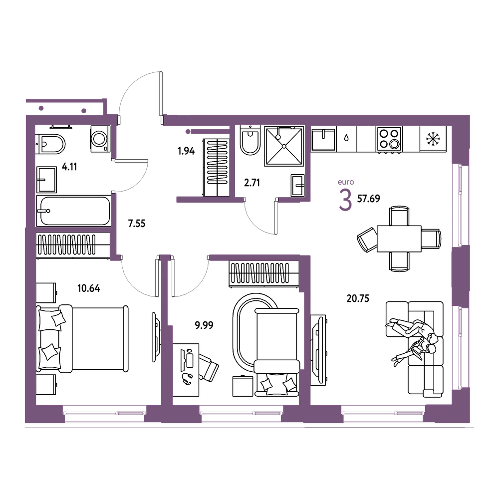 Планировка: Евротрёшка 57,69 м²