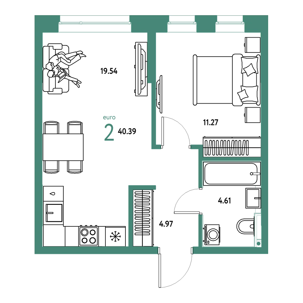 Планировка: Евродвушка 40,39 м²
