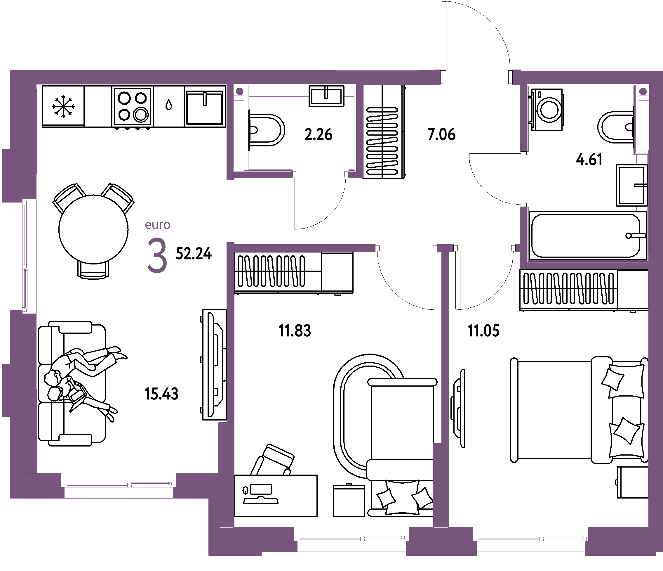 Планировка: Евротрёшка 52,24 м² в ЖК «Домашний»