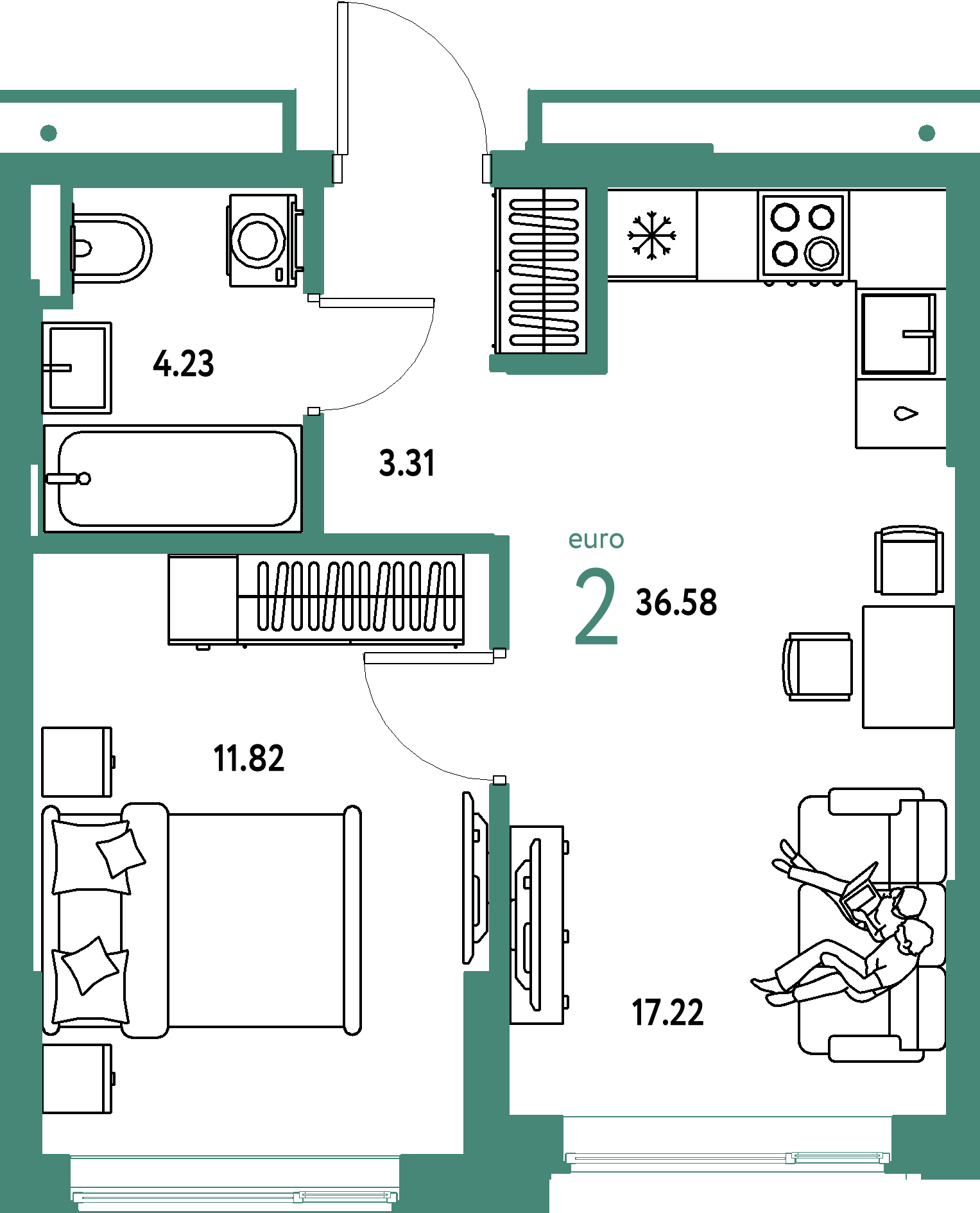 Планировка: Евродвушка 36,58 м² в ЖК «Страна.Прибрежная»