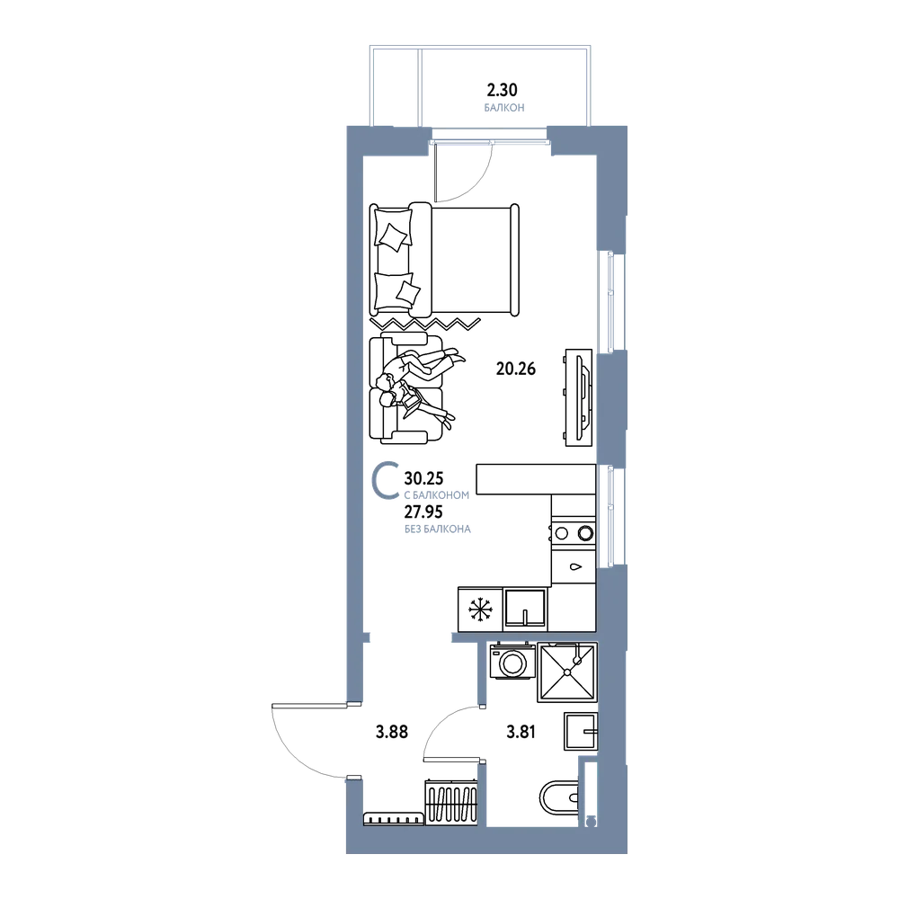 Планировка: Студия 30,25 м²