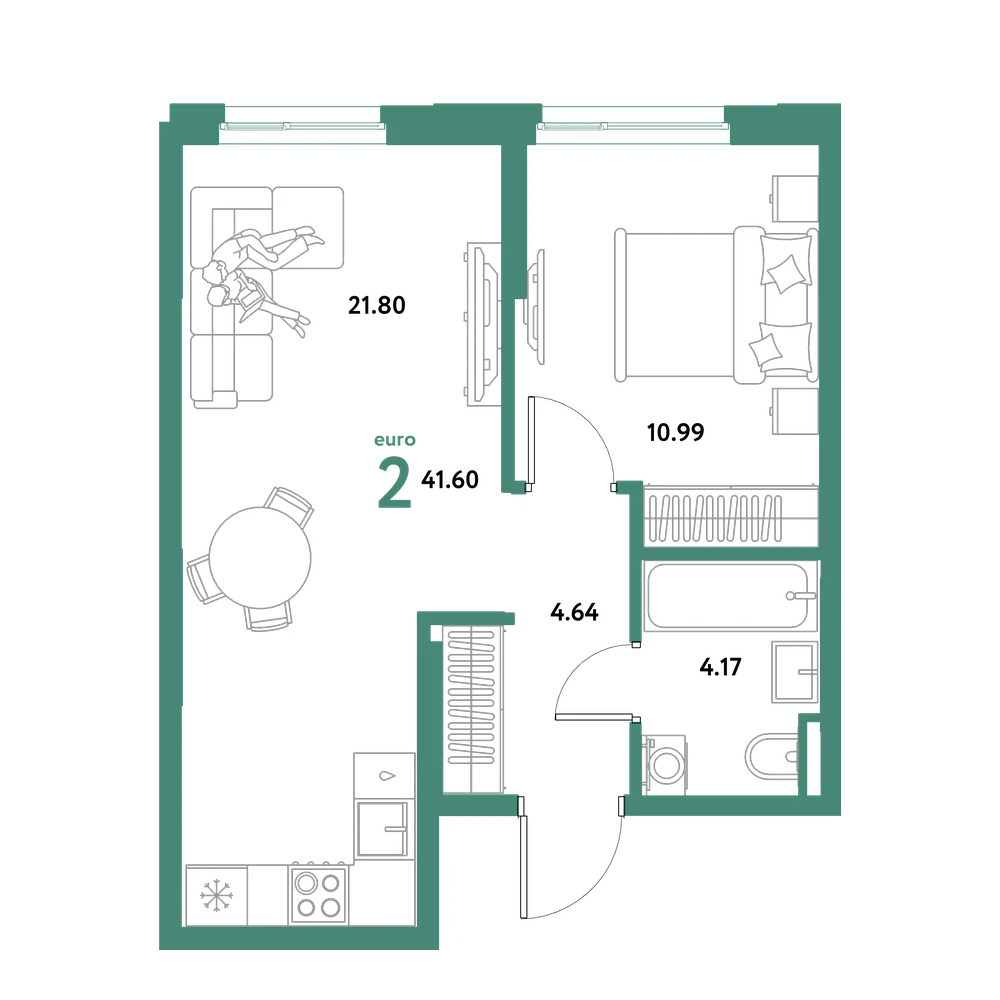 Планировка: Евродвушка 41,6 м²