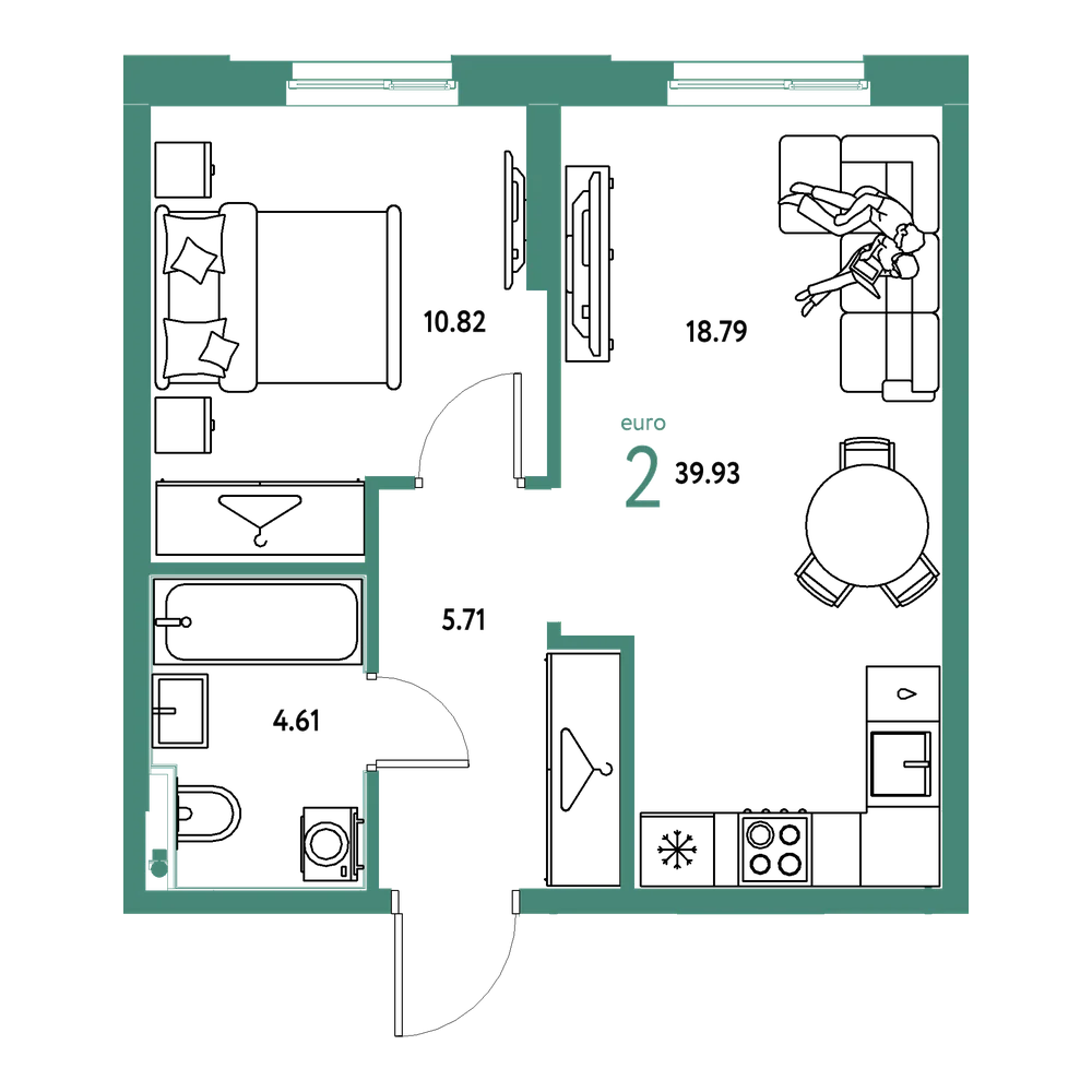 Планировка: Евродвушка 39,93 м²