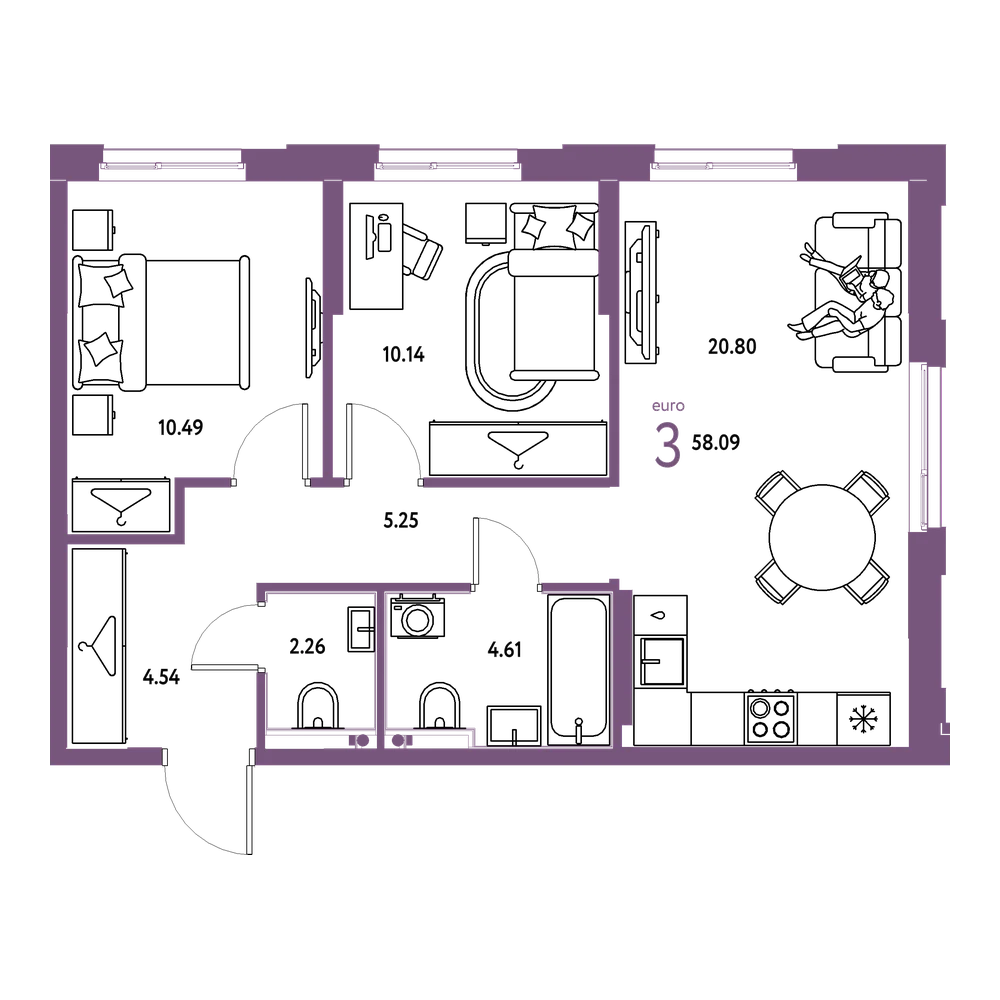 Планировка: Евротрёшка 58,09 м²