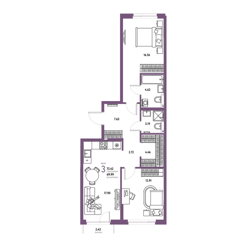 Планировка: Евротрёшка 72,42 м²