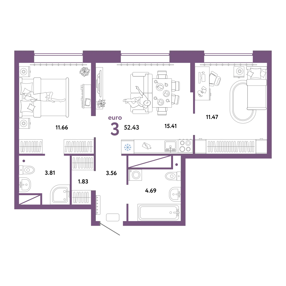 Планировка: Евротрёшка 52,43 м²