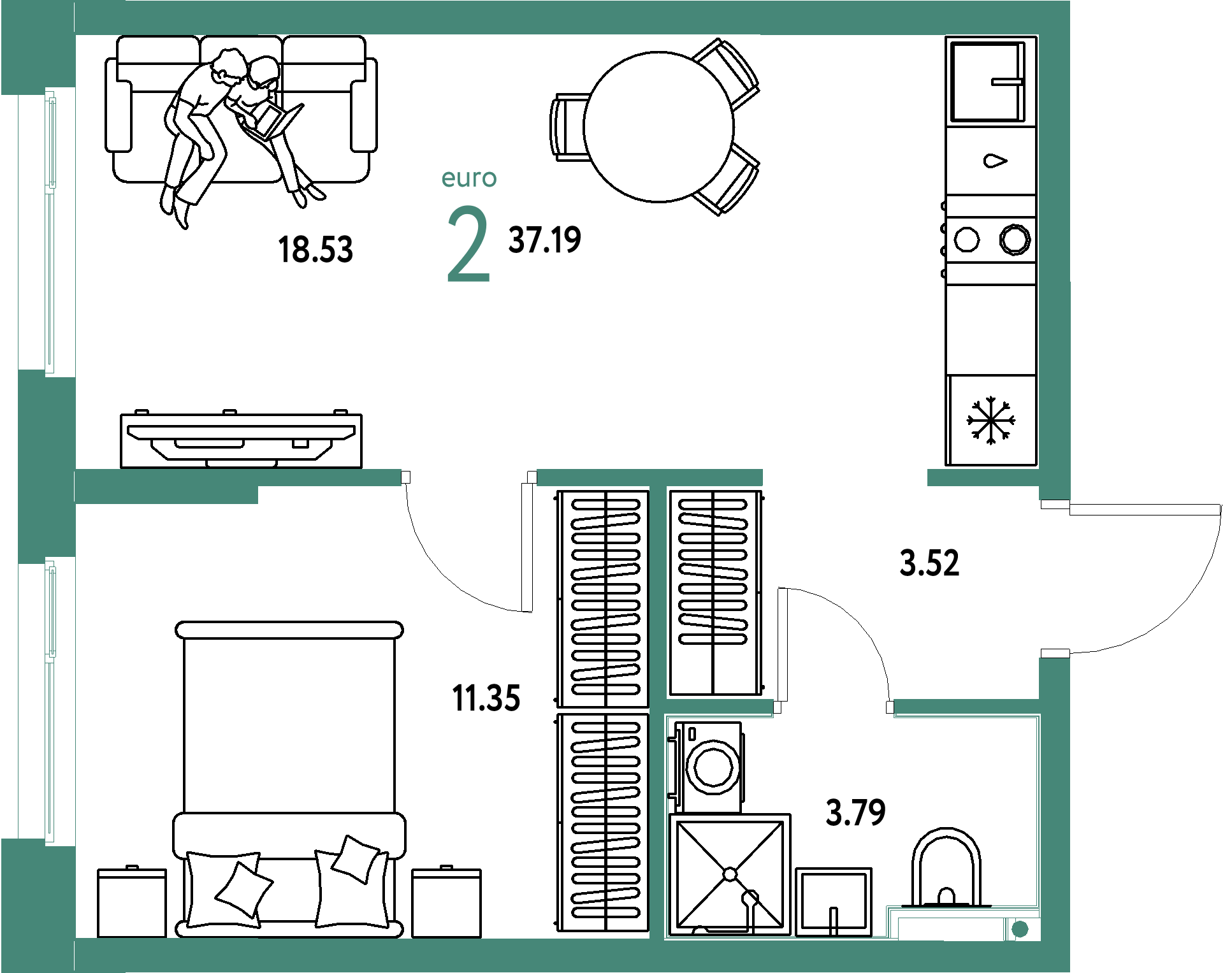 Планировка: Евродвушка 37,19 м² в ЖК «Домашний»