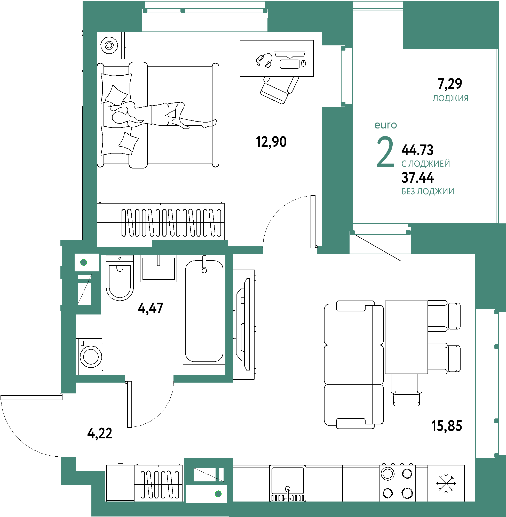 Планировка: Евродвушка 44,73 м² в ЖК «Авторский»