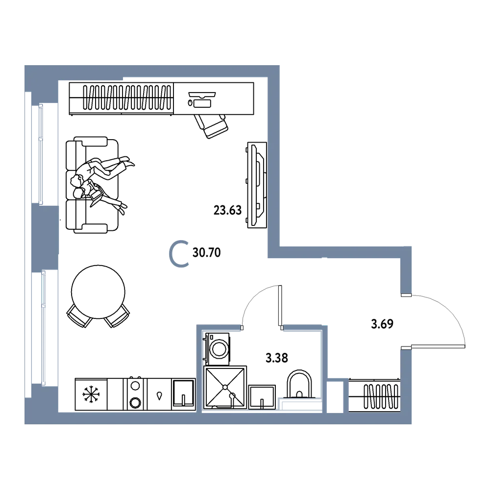 Планировка: Студия 30,7 м²