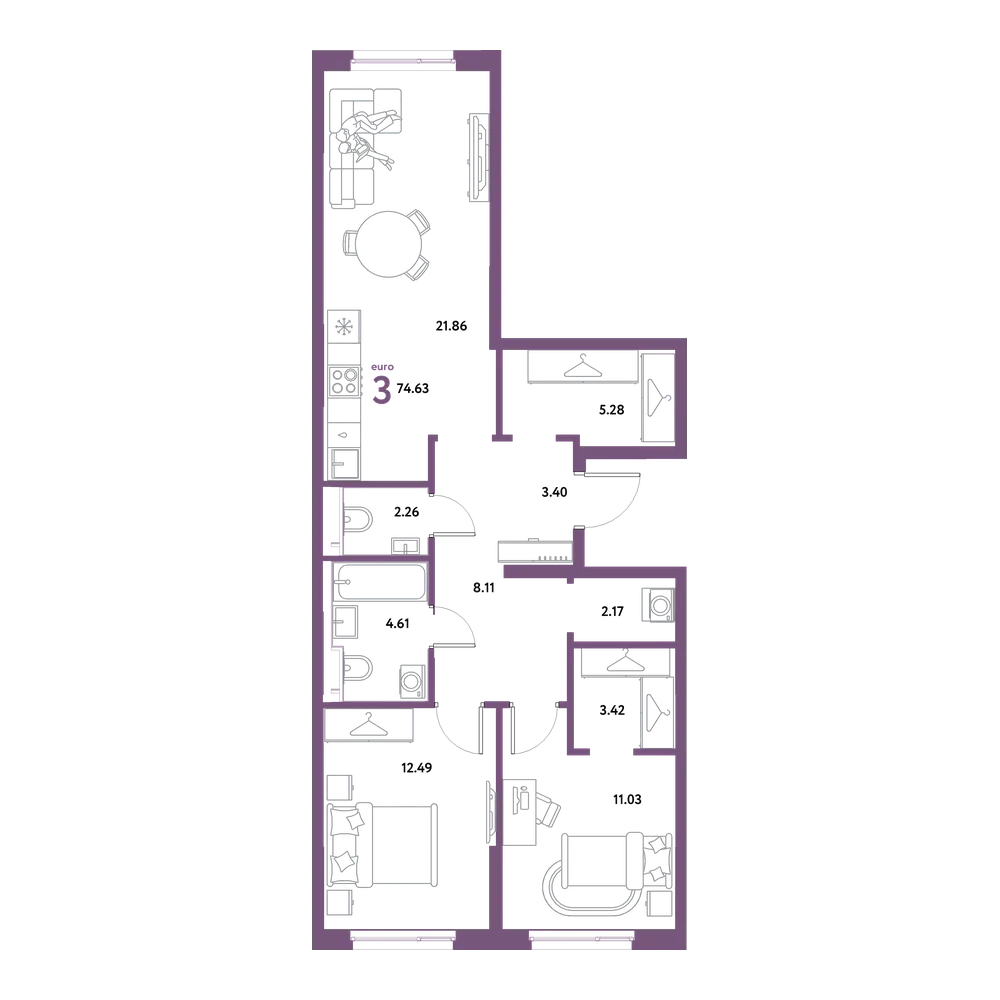 Планировка: Евротрёшка 74,63 м²