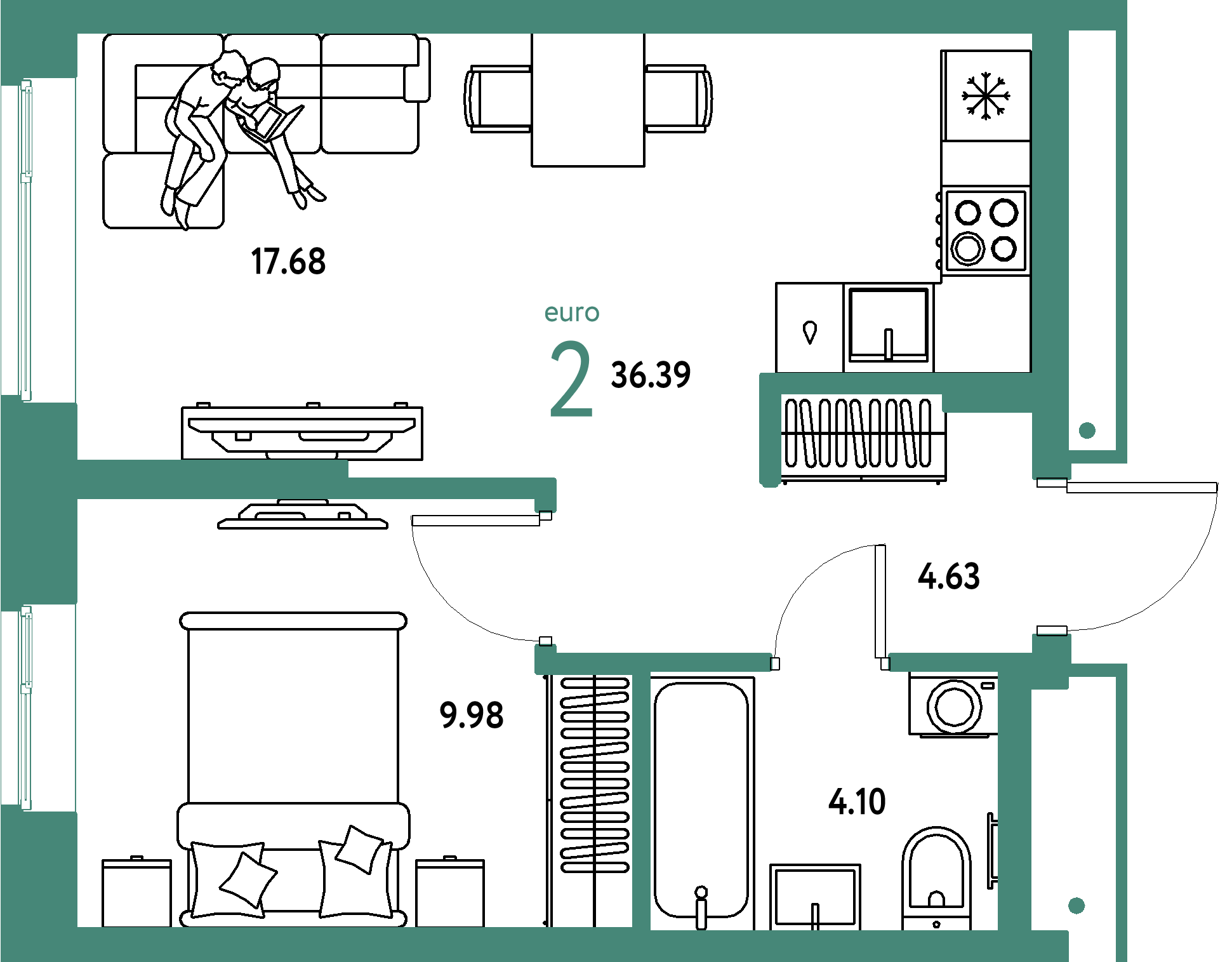 Планировка: Евродвушка 36,39 м² в ЖК «Домашний»